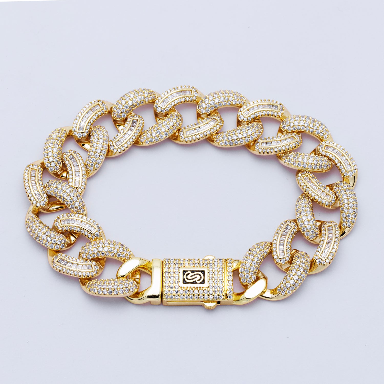 16K Gold Filled 16mm Baguette Micro Paved CZ Curb Chain 7.4 Inch Bracelet | WA-04165