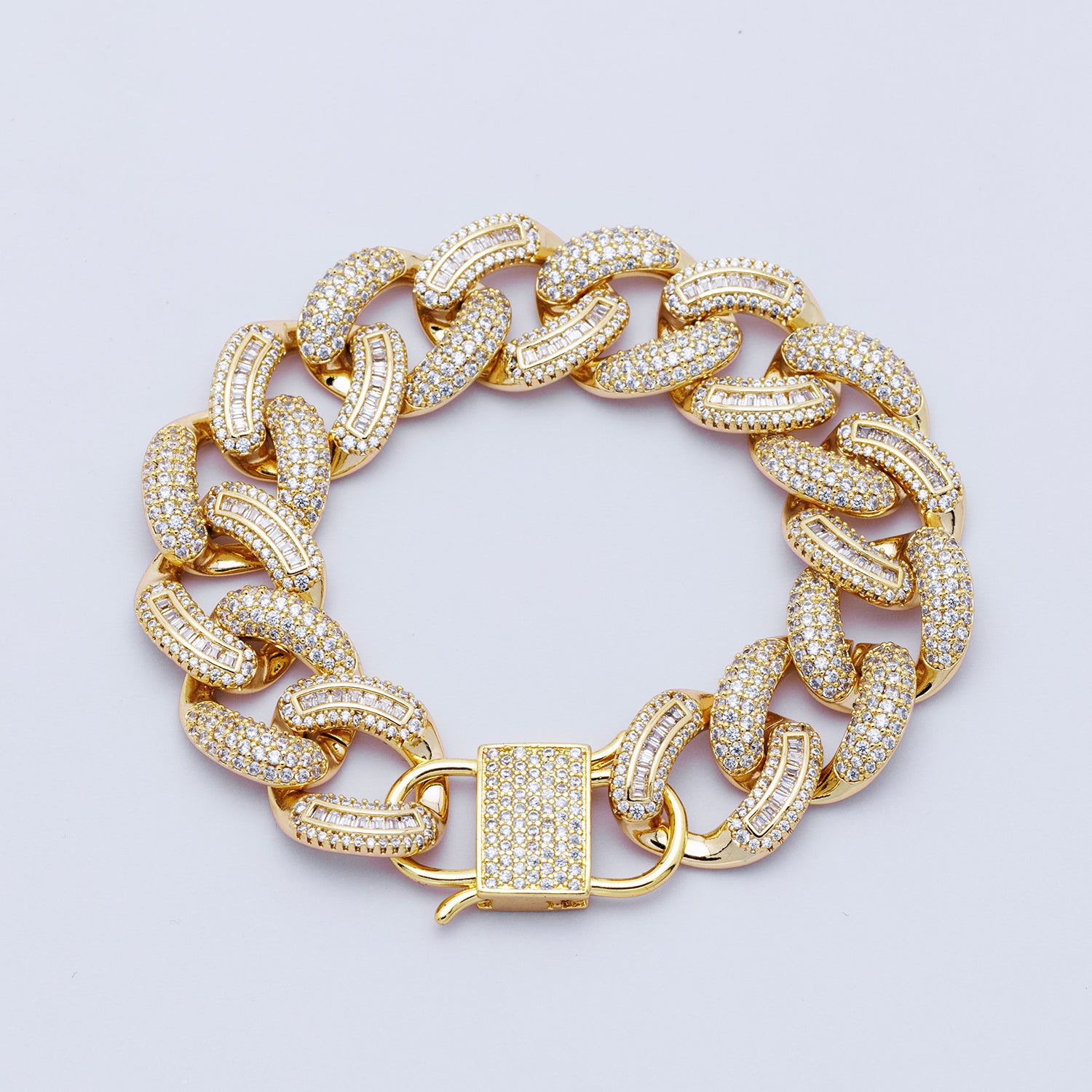 16K Gold Filled 16mm Baguette Micro Paved CZ Curb Chain 7 Inch Bracelet w. Lock Clasps | WA-04166