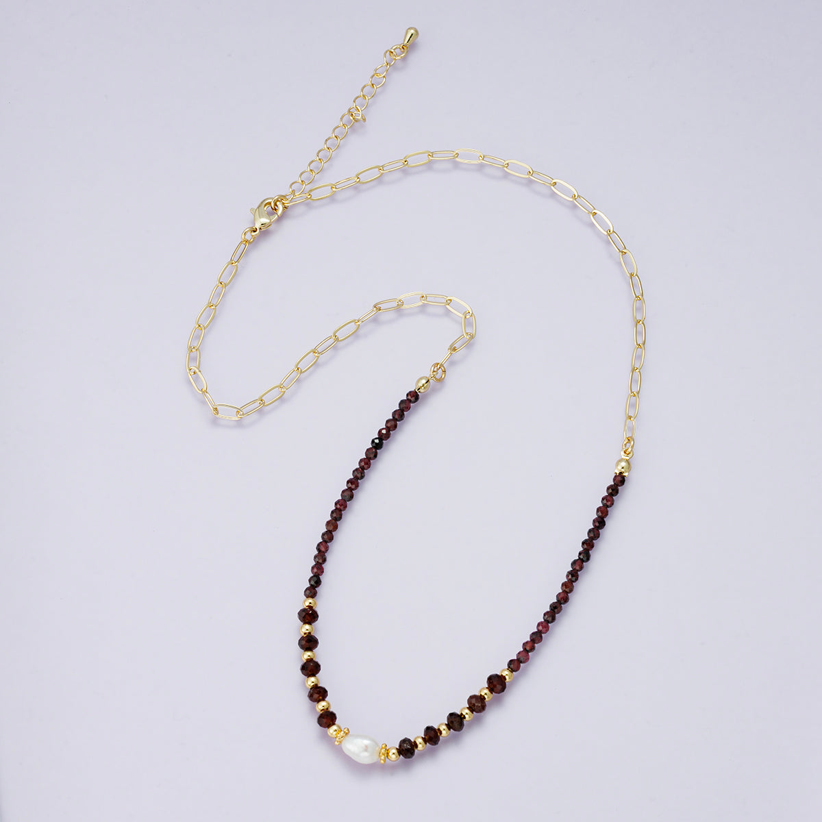 24K Gold Filled Shell Pearl Dark Red Multifaceted Gemstone 7.5 Inch Bracelet | WA-2892