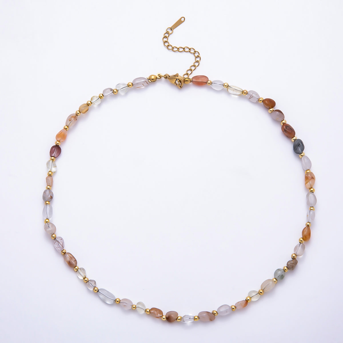 Stainless Steel 5mm Citrine, Lapis Lazuli, Onyx, Moss Agate Oval Pebble Bead Gemstone Chain 16 Inch Necklace | WA-00072 ~ WA-00076