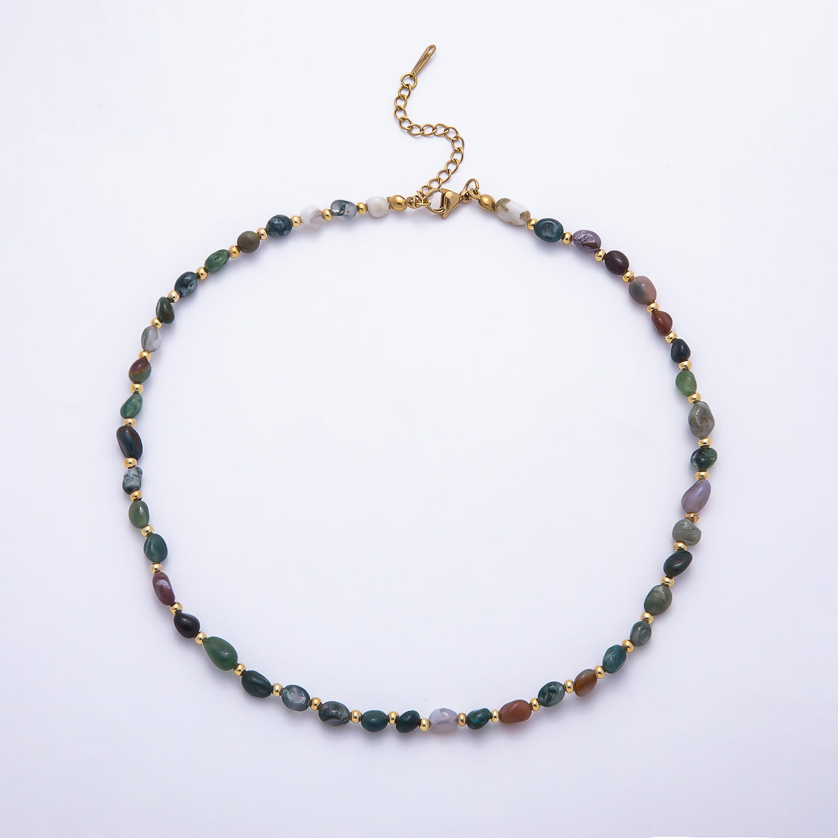 Stainless Steel 5mm Citrine, Lapis Lazuli, Onyx, Moss Agate Oval Pebble Bead Gemstone Chain 16 Inch Necklace | WA-00072 ~ WA-00076