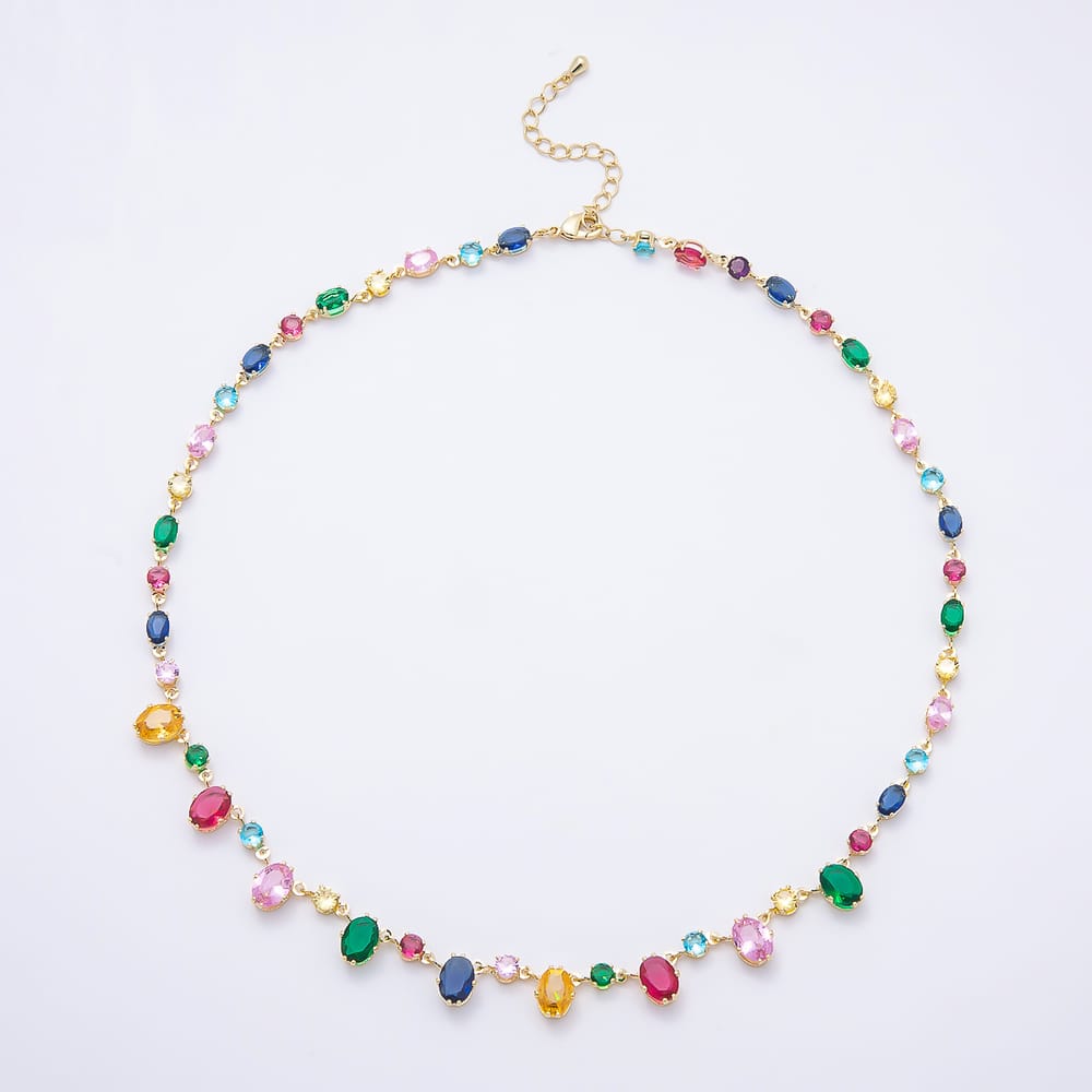 16K Gold Filled 4mm Multicolor Oval Multi Cut Drop CZ Tennis Gemstone Chain 17 Inch Necklace | WA-00100