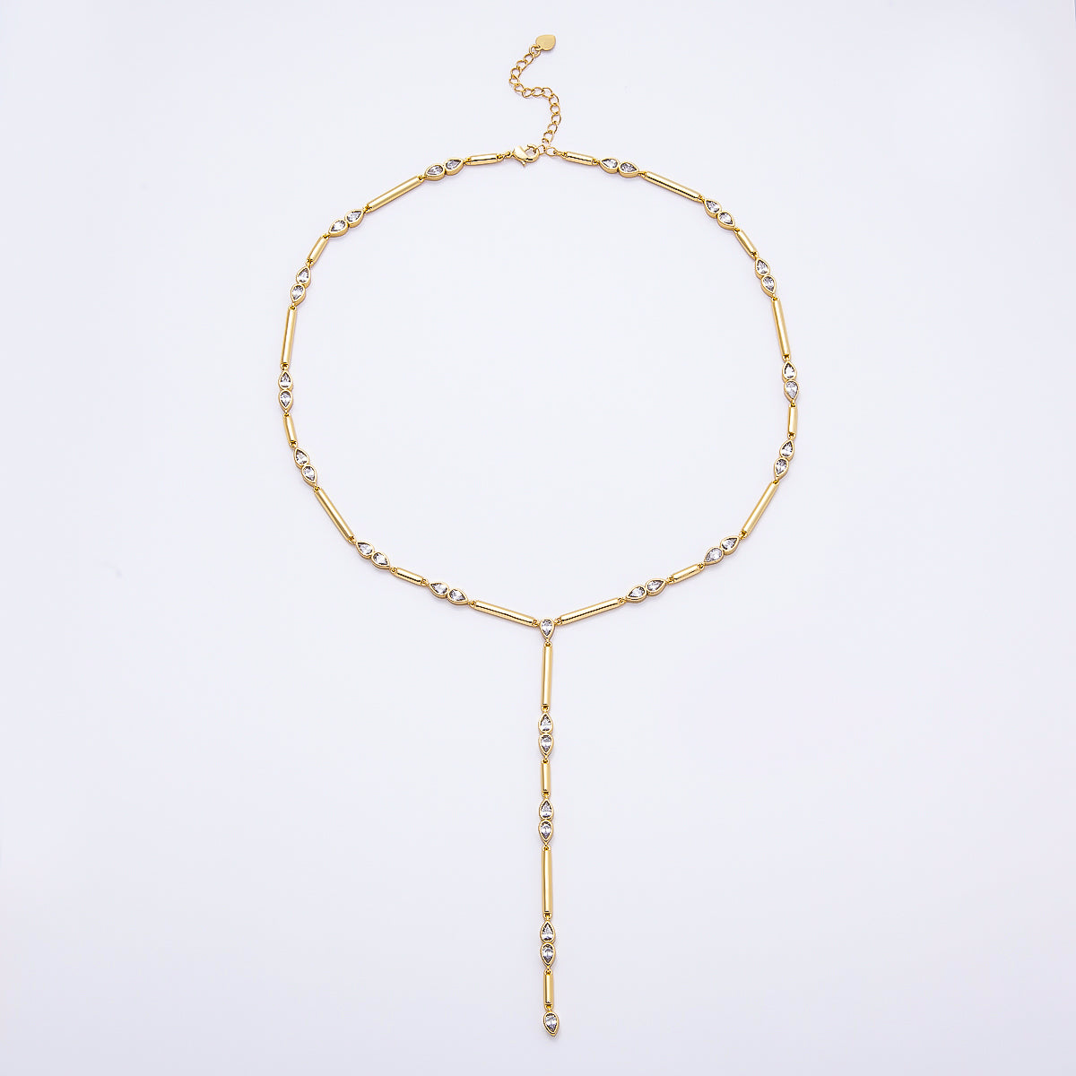 16K Gold Filled 4mm Clear, Green, Fuchsia CZ Teardrop Bar Lariat 17.5 Inch Necklace | WA-00146 WA-00153 WA-00185
