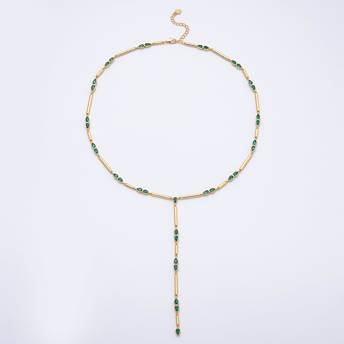 16K Gold Filled 4mm Clear, Green, Fuchsia CZ Teardrop Bar Lariat 17.5 Inch Necklace | WA-00146 WA-00153 WA-00185