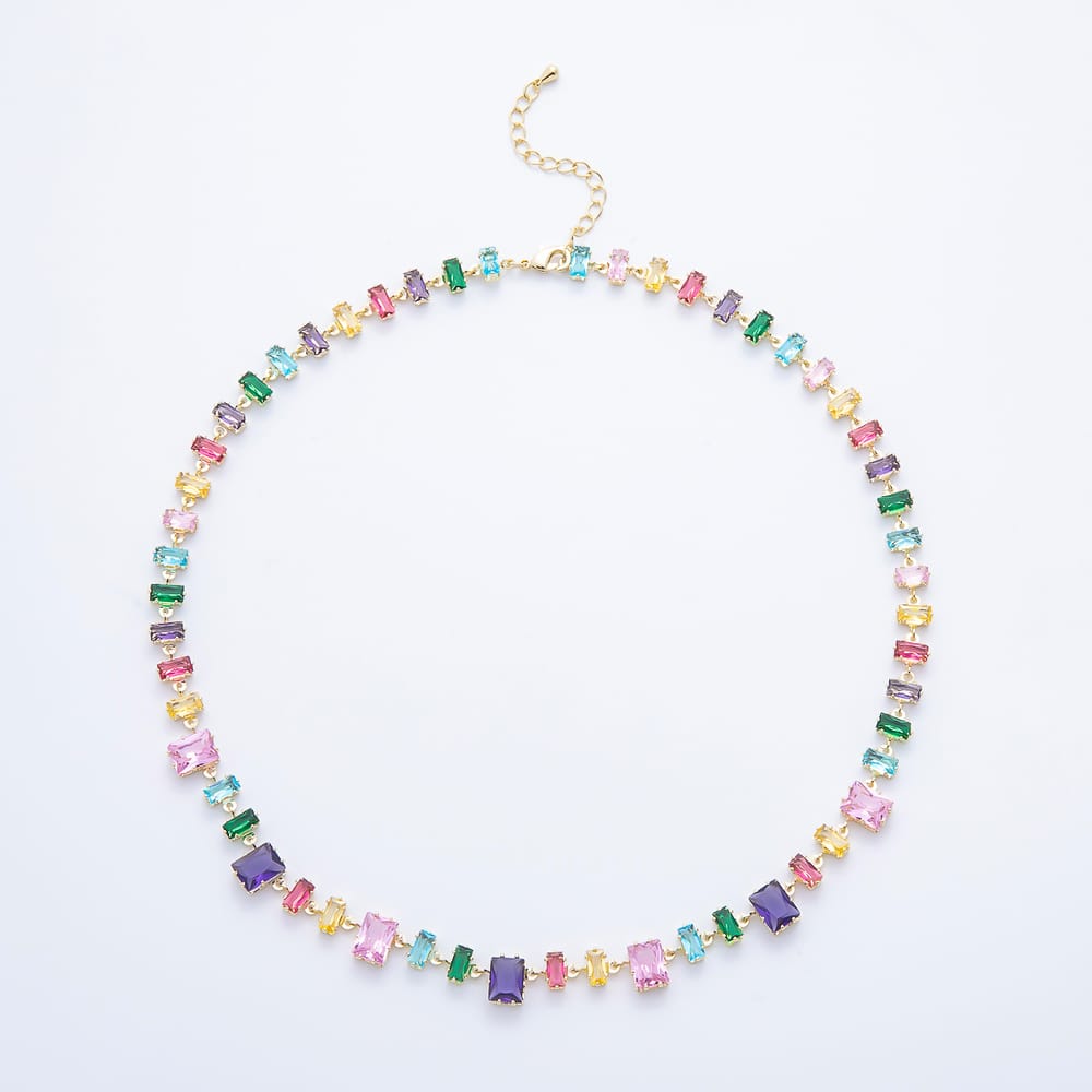 16K Gold Filled 9mm Multicolor Baguette CZ Drop Tennis Gemstone Chain 17 Inch Choker Necklace | WA-00180