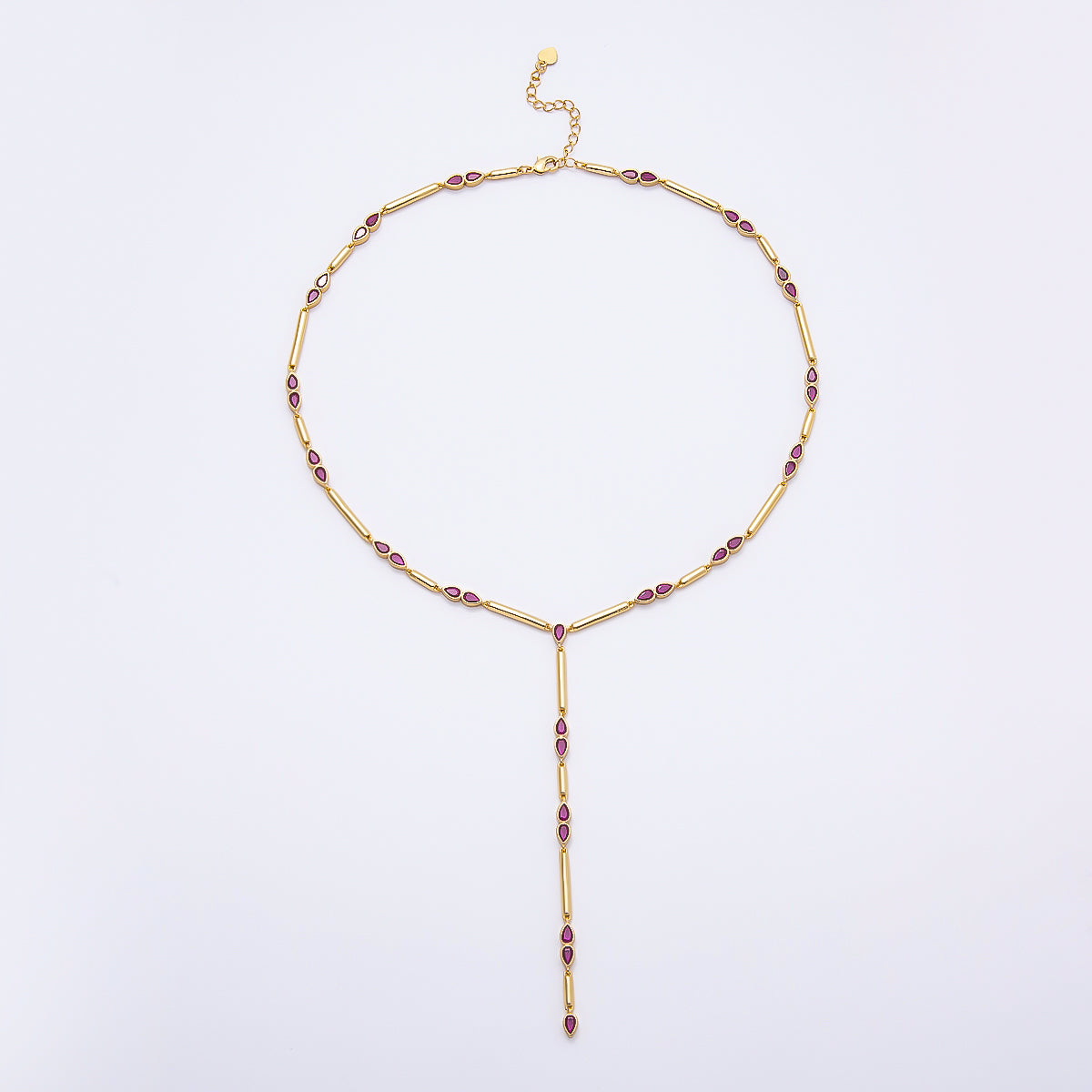 16K Gold Filled 4mm Clear, Green, Fuchsia CZ Teardrop Bar Lariat 17.5 Inch Necklace | WA-00146 WA-00153 WA-00185