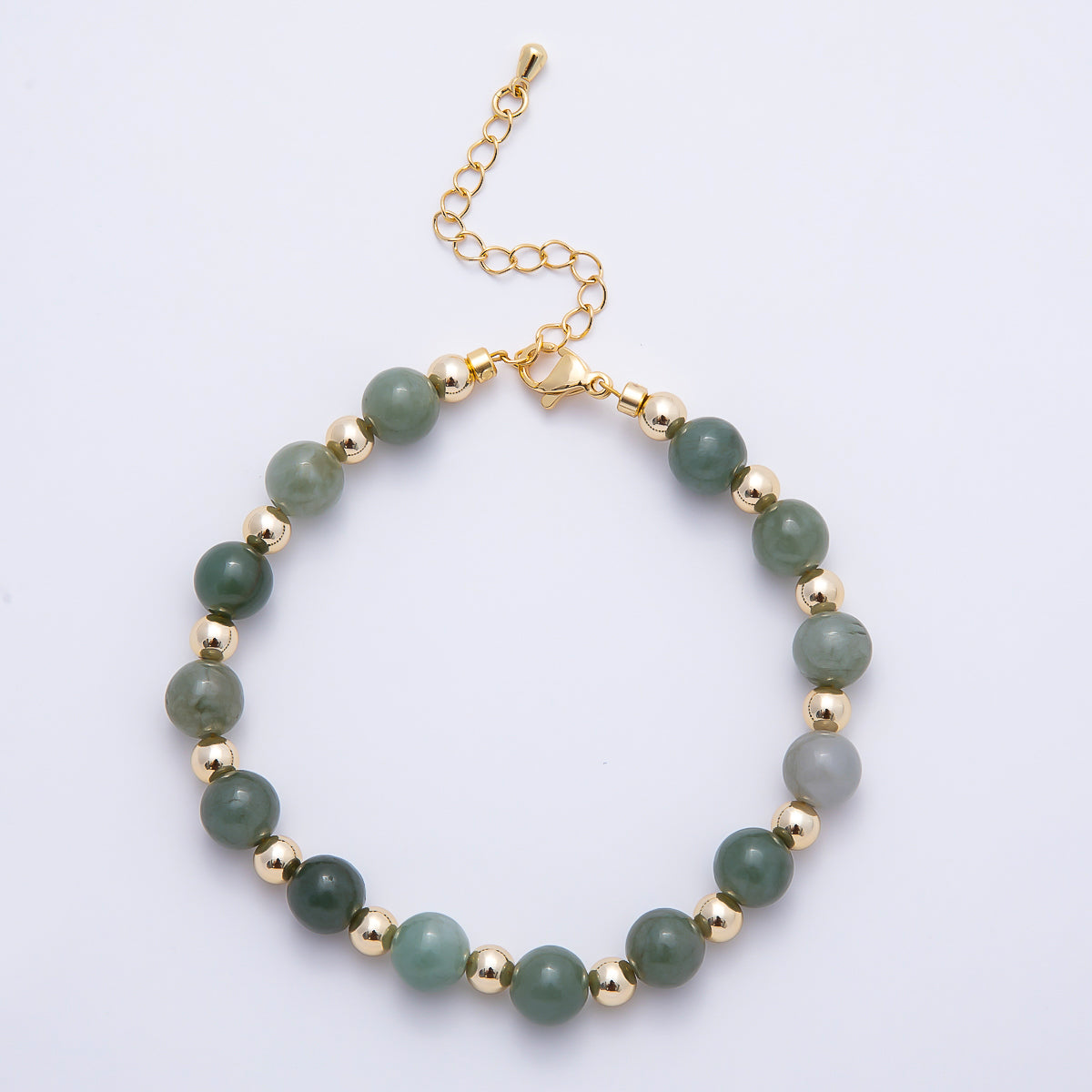 16K Gold Filled 8mm Green Aventurine Round Bead Gemstone Chain 7.5 Inch Bracelet w. Extender | WA-00213