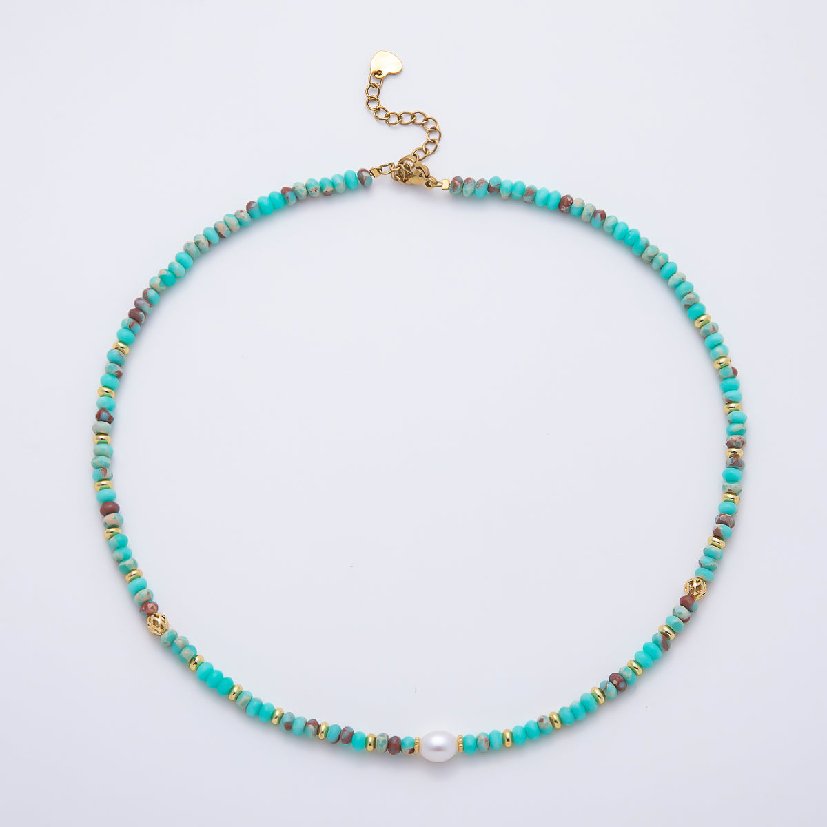 Handmade 4.5mm Shell Pearl Green Turquoise Rondelle Gemstone Chain 16 Inch Choker Necklace | WA-00219