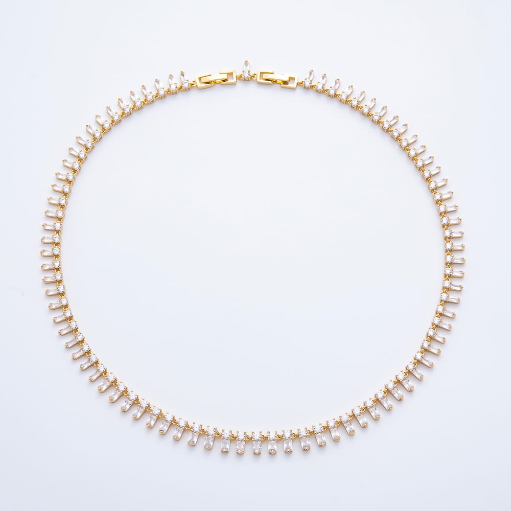 16K Gold Filled 8mm Clear Baguette CZ Drop Tennis Gemstone Chain 17 Inch Necklace | WA-00238
