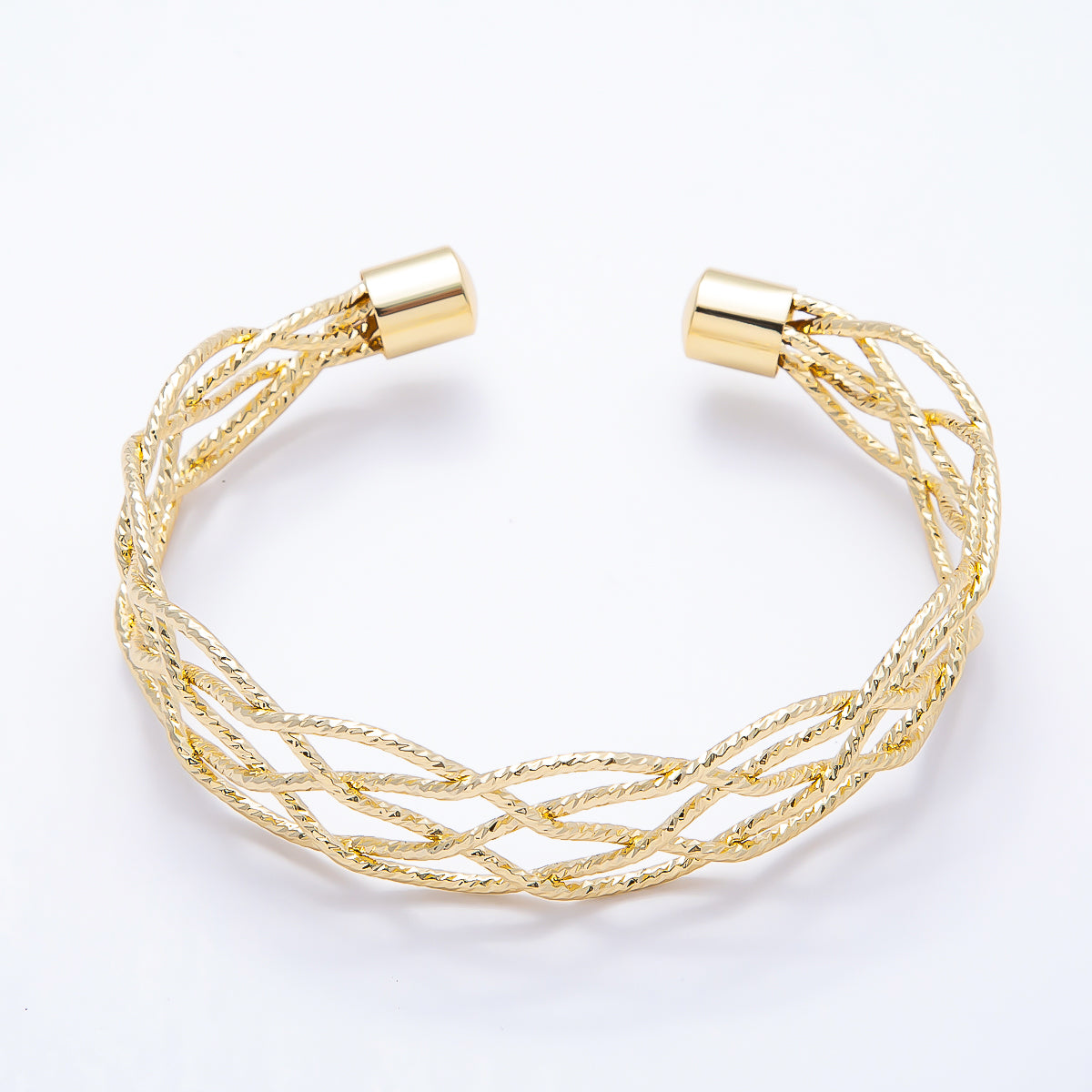 16K Gold 20mm Open Wide Ribbed Twisted Geometric Multi Band Cuff Bracelet | WA-00293