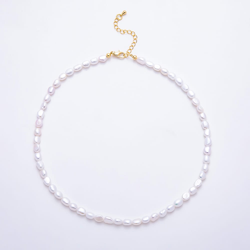 16K Gold Filled 5mm White Oval Freshwater Pearl Gemstone Chain 16 Inch Choker Necklace | WA-00309