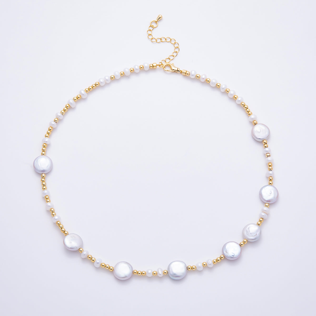 16K Gold Filled 11mm Coin Pearl & Gold Bead Mixed Station Strand 16 Inch Necklace | WA-00314