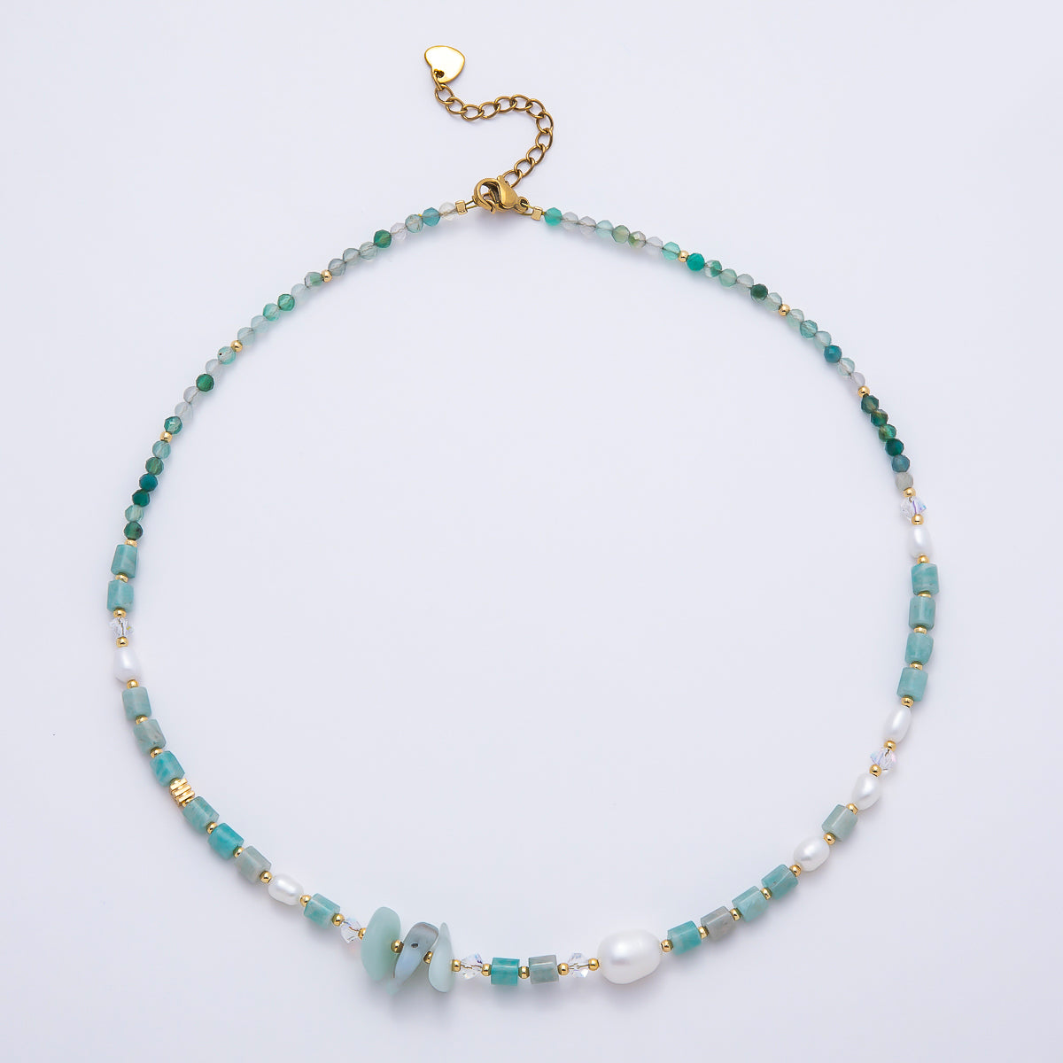 Handmade 4mm Shell Pearl Amazonite Tube Round Gemstone Chain 16 Inch Necklace | WA-00317