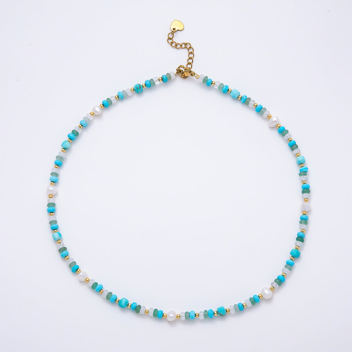 Handmade 4mm Shell Pearl Turquoise Aventurine Clear Quartz Rondelle Gemstone Chain 16 Inch Necklace | WA-00451