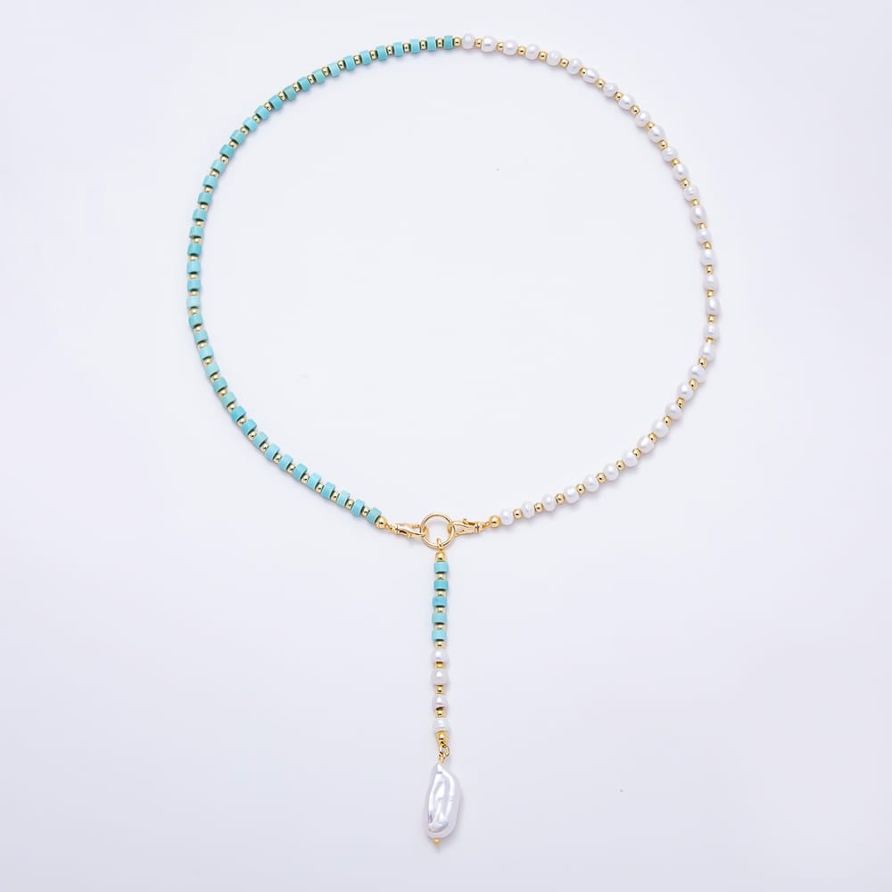 16K Gold Filled 9mm Baroque Freshwater Pearl Drop Half Pearl Turquoise Lariat 18 Inch Necklace | WA-00461