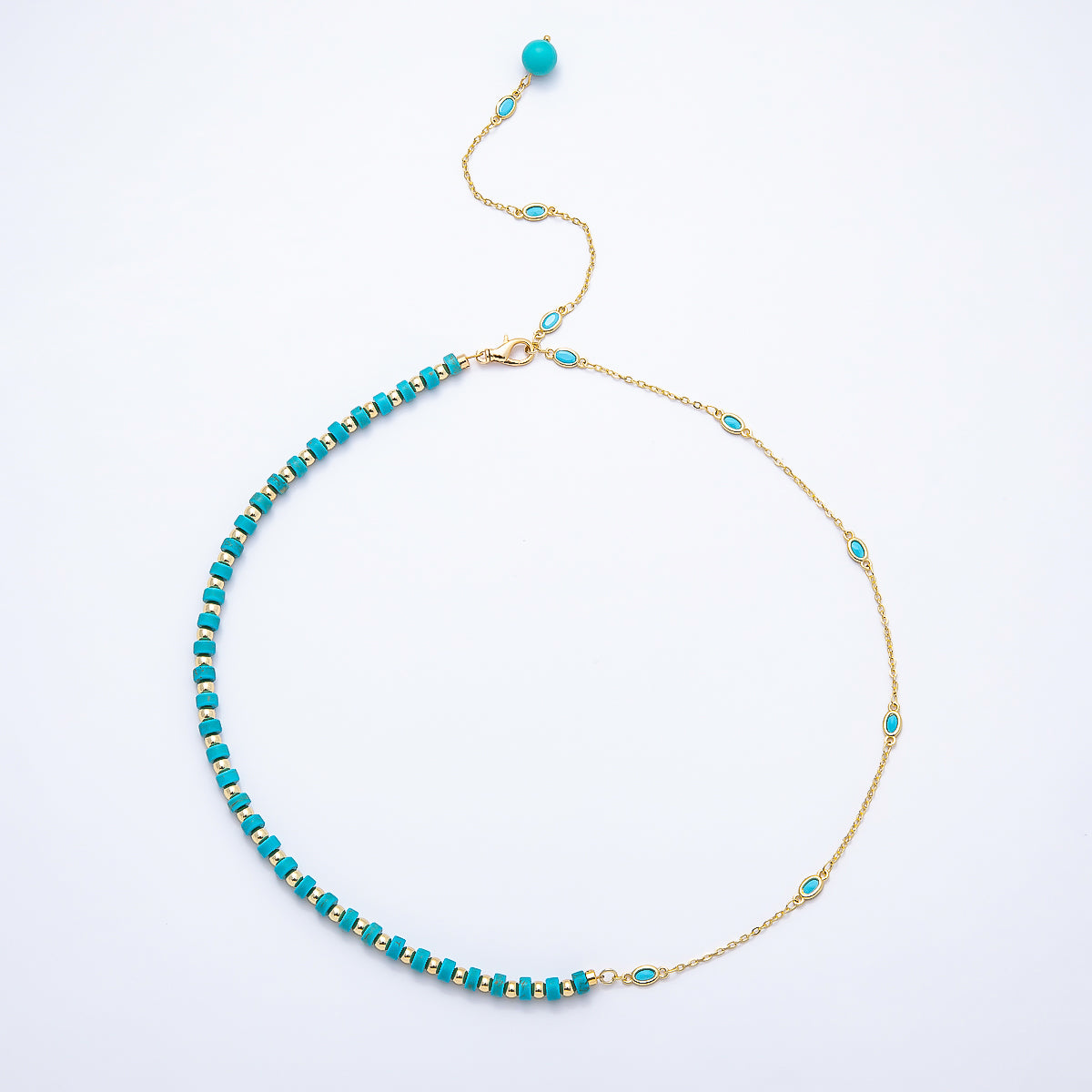 18K Gold Filled 3.5mm Turquoise Tube Rondelle Bezel Half Cable Gemstone Floating Necklace Chain 19 Inch Necklace | WA-00546