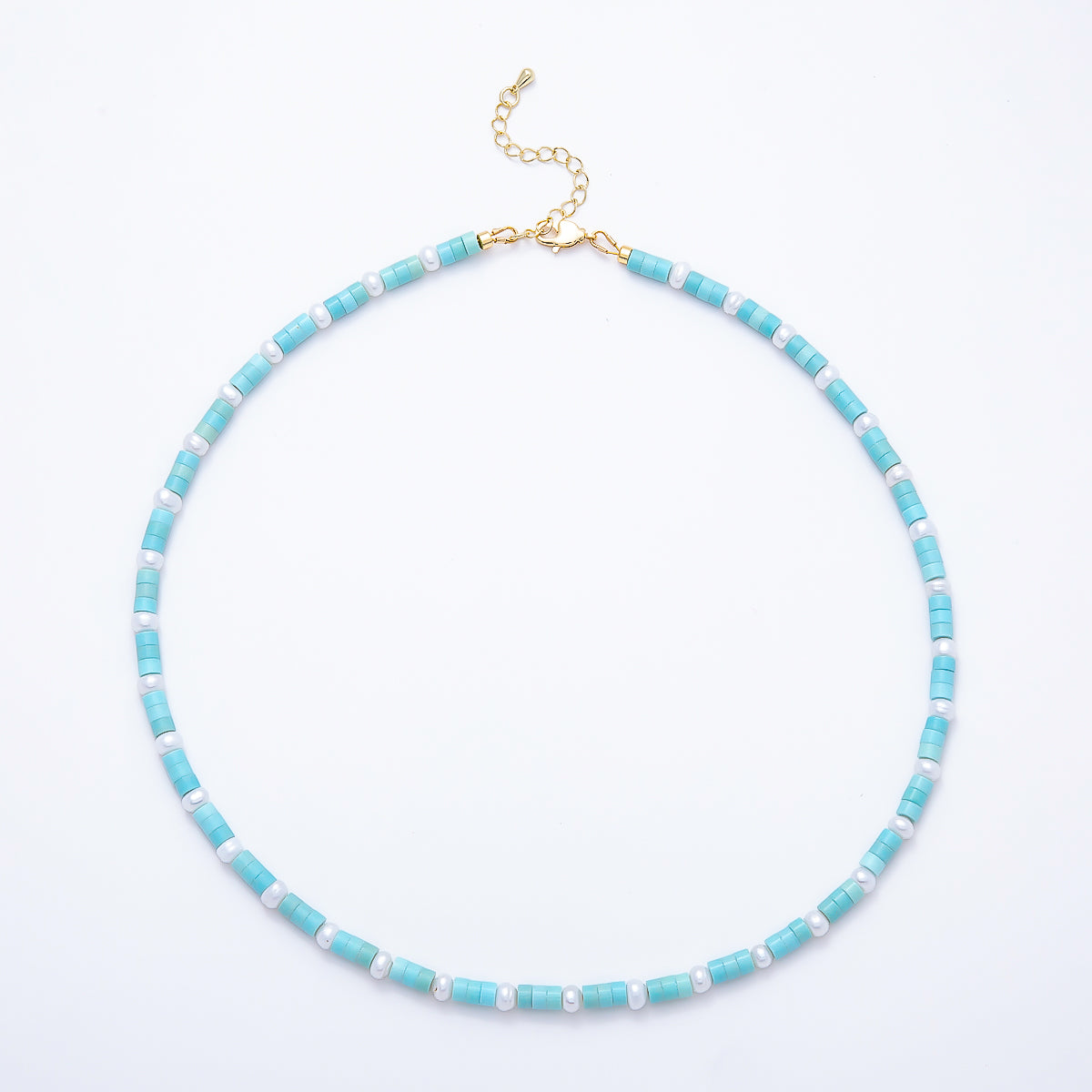 16K Gold Filled 4mm Blue Aquamarine Cylinder Shell Pearl Rondelle Tube Gemstone Bead Chain 18 Inch Necklace | WA-00552