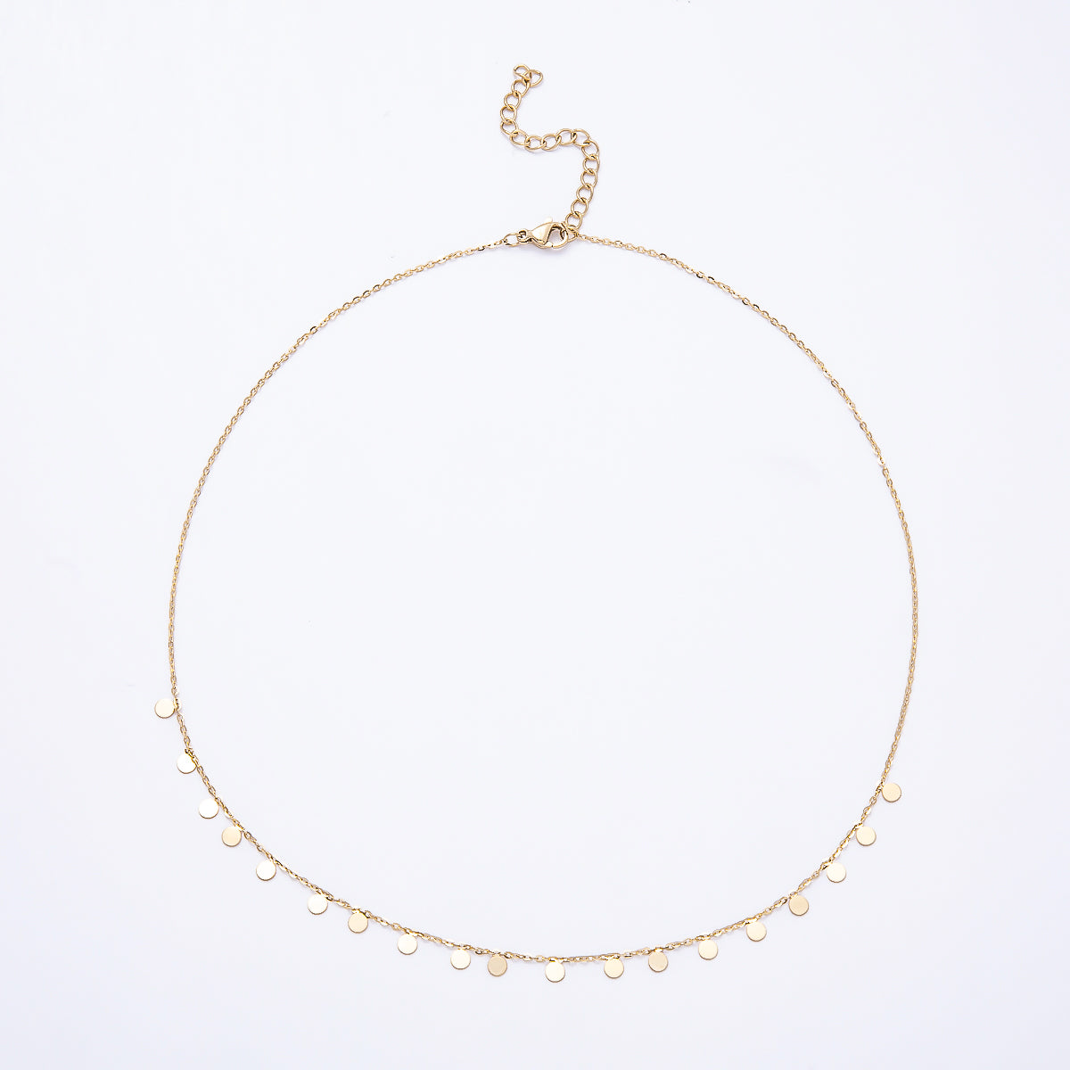 Stainless Steel Gold PVD Round Disc Coin Dangle Drop Cable Chain Necklace w. Extender | WA-00857