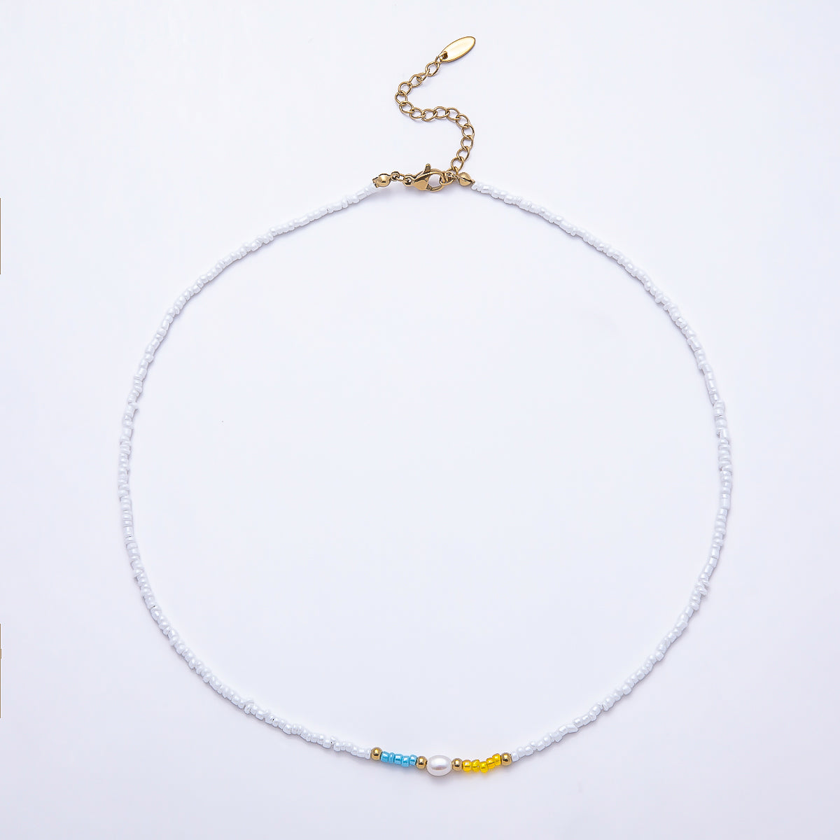 Stainless Steel Gold PVD 2mm Yellow Blue White Seed Bead Gemstone Chain 17 Inch Necklace | WA-00863