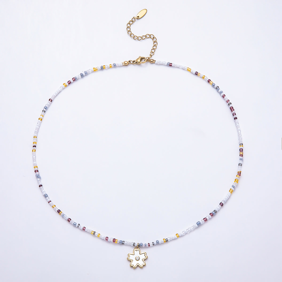 Stainless Steel Gold PVD 3mm Shell Pear Flower Multicolor Seed Bead Gemstone Chain 16.5 Inch Necklace | WA-00888