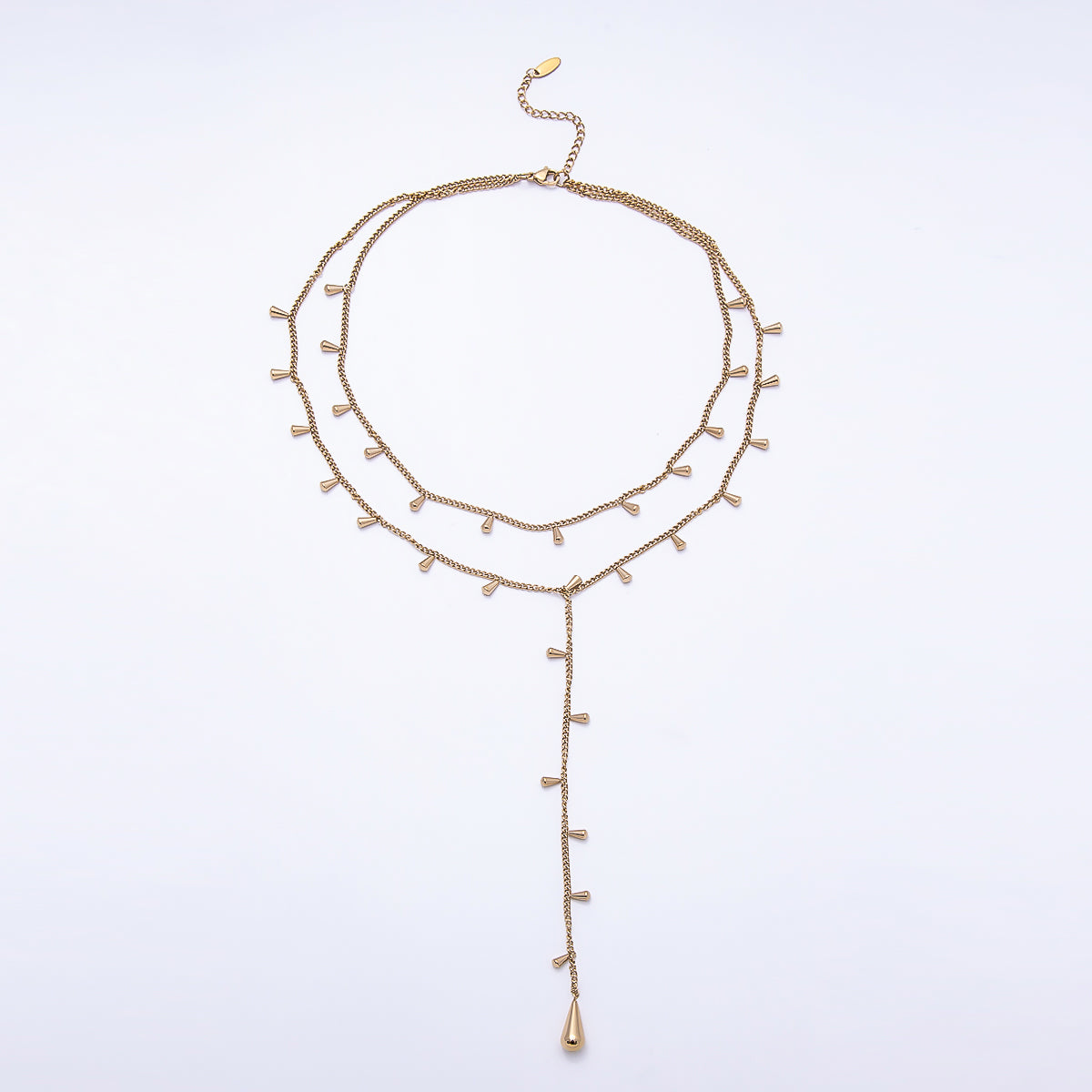 Stainless Steel 2mm Minimalist Teardrop Double Curb Lariat Chain Necklace | WA-00944