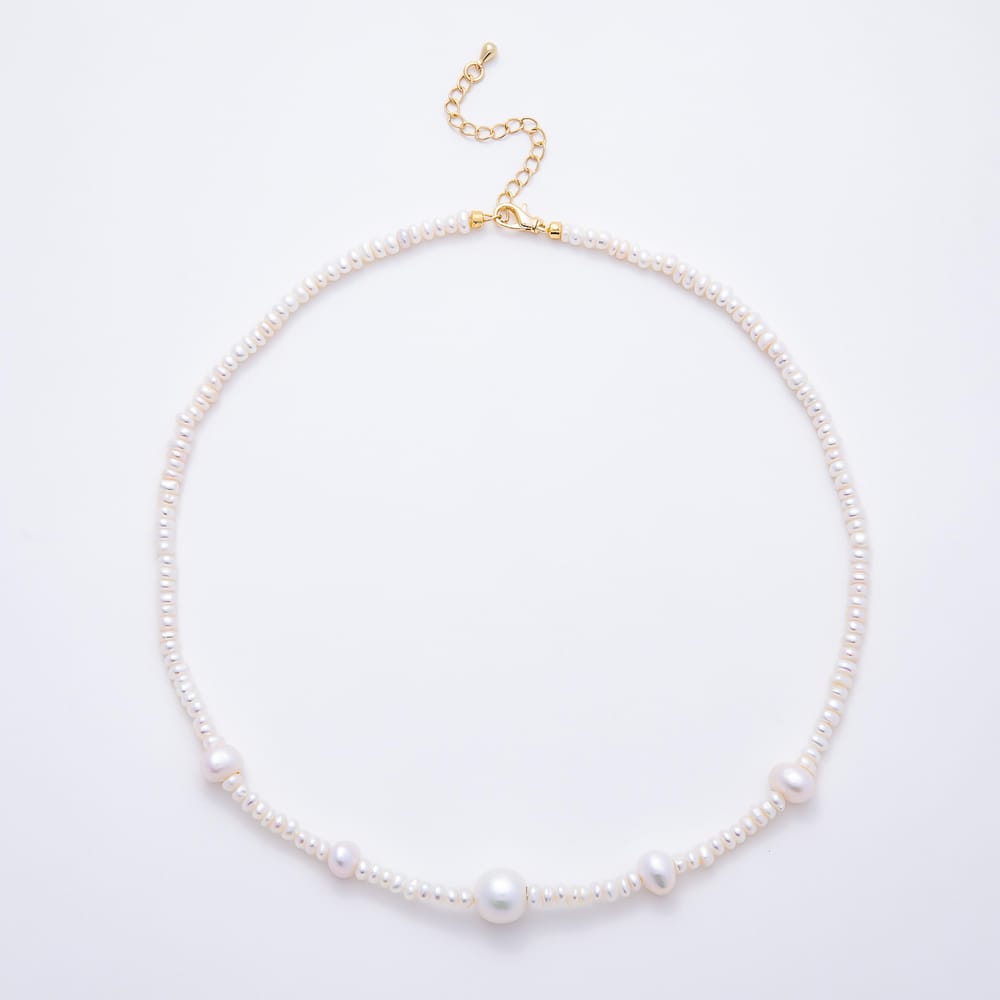 16K Gold Filled 8mm White Freshwater Pearl Round Rondelle Gemstone Chain 16 Inch Necklace | WA-00963
