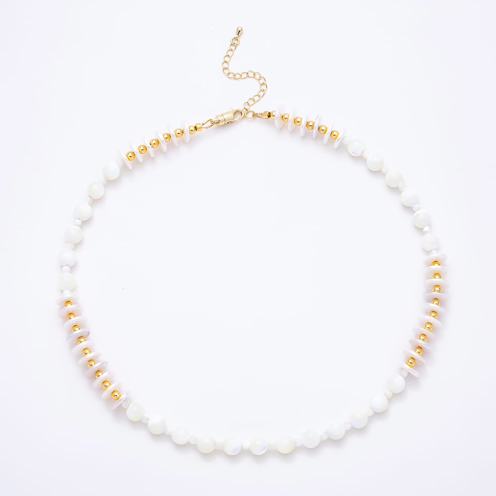 16K Gold Filled 10mm White Freshwater Pearl Gemstone Heishi Disc Bead Chain 18 Inch Necklace | WA-00997