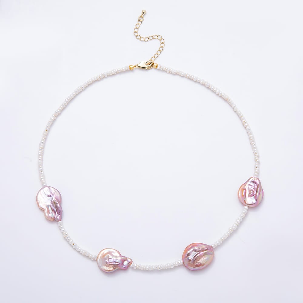 16K Gold Filled 18mm Freshwater Pearl & Pink Iridescent Baroque Pearl Strand 17 Inch Necklace | WA-01098