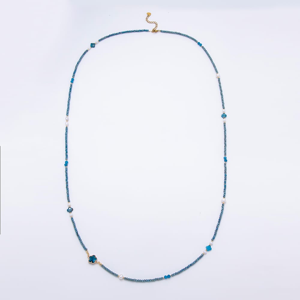 Stainless Steel 12mm Blue Kyanite Shell Pearl Multifaceted Round Crystal Gemstone Chain 40 Inch Necklace | WA-01141