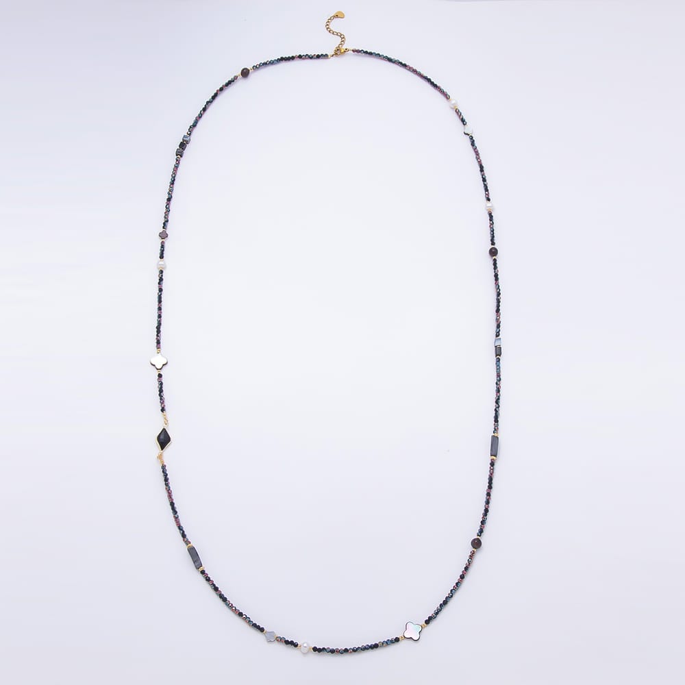 Stainless Steel 12mm Black Iridescent Shell Pearl Multifaceted Round Crystal Gemstone Chain 40 Inch Necklace | WA-01153