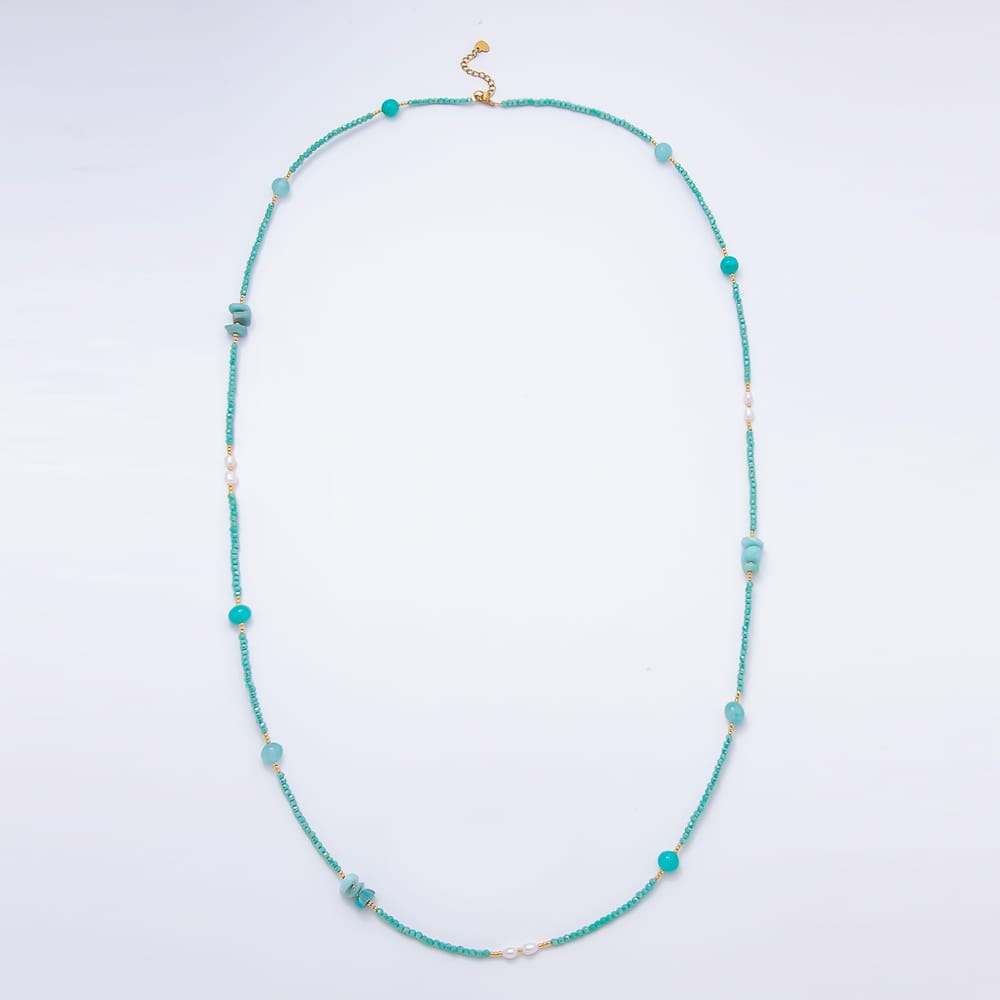 Stainless Steel 10mm Blue Turquoise Shell Pearl Multifaceted Round Crystal Gemstone Chain 40 Inch Necklace | WA-01199