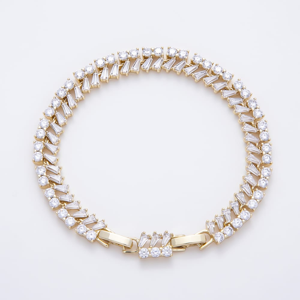 14K Gold Filled 8mm Clear CZ Round Baguette Double Row Tennis Gemstone Chain 6.5 Inch Bracelet | WA-01305