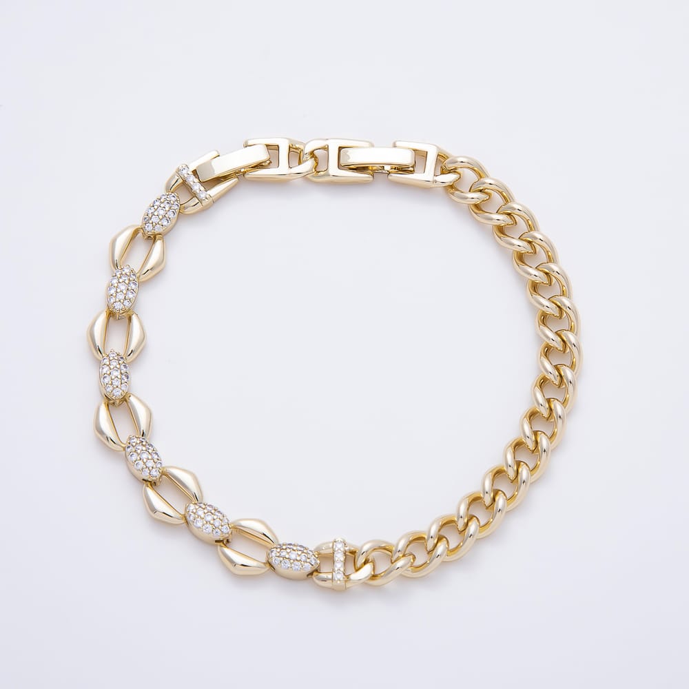 14K Gold Filled 7mm Clear Micro Paved CZ Geometric Curb Half Chain 6.5 Inch Bracelet | WA-01492