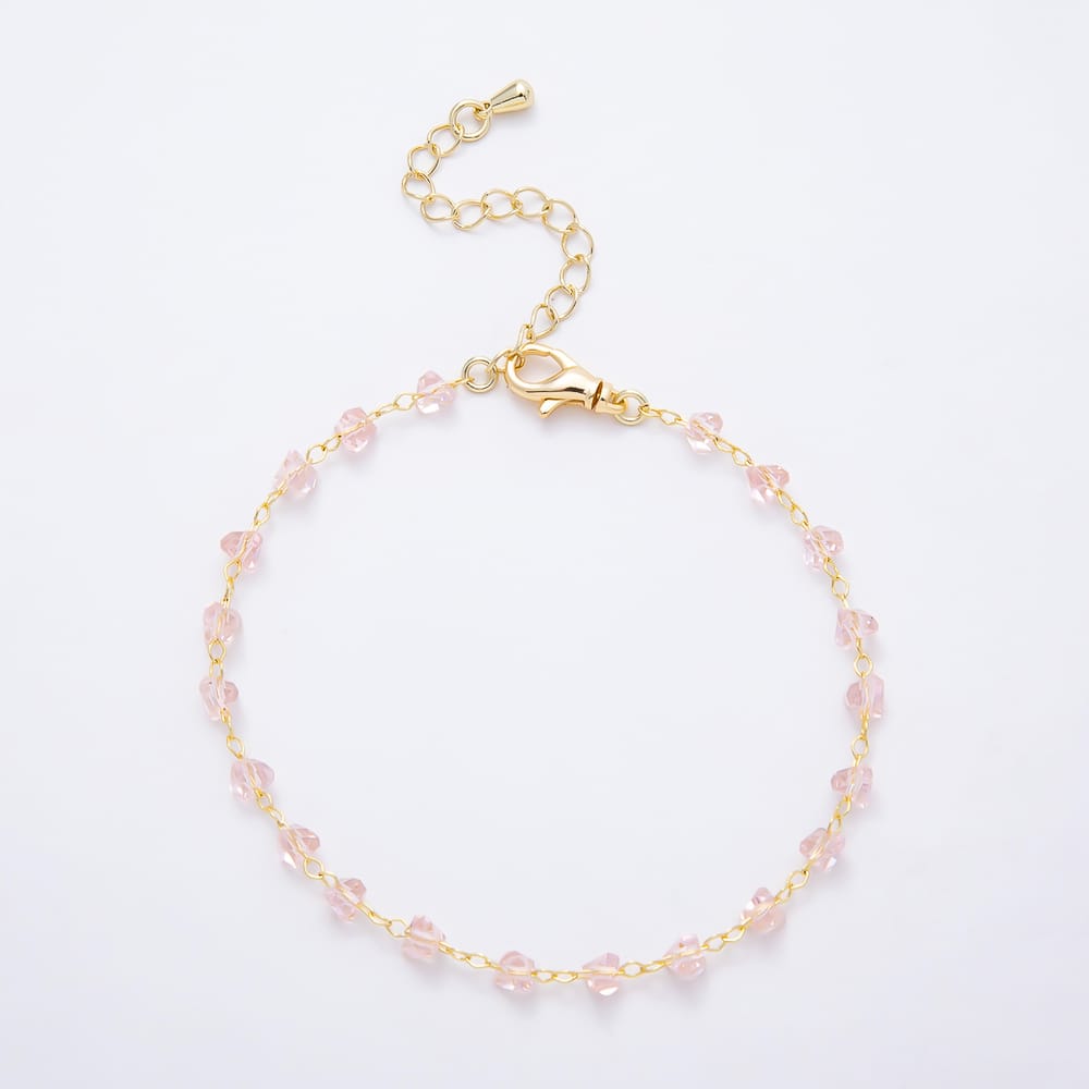 18K Gold Filled 4.5mm Pink Multifaceted Crystal Satellite Gemstone Chain 7 Inch Bracelet | WA-01583