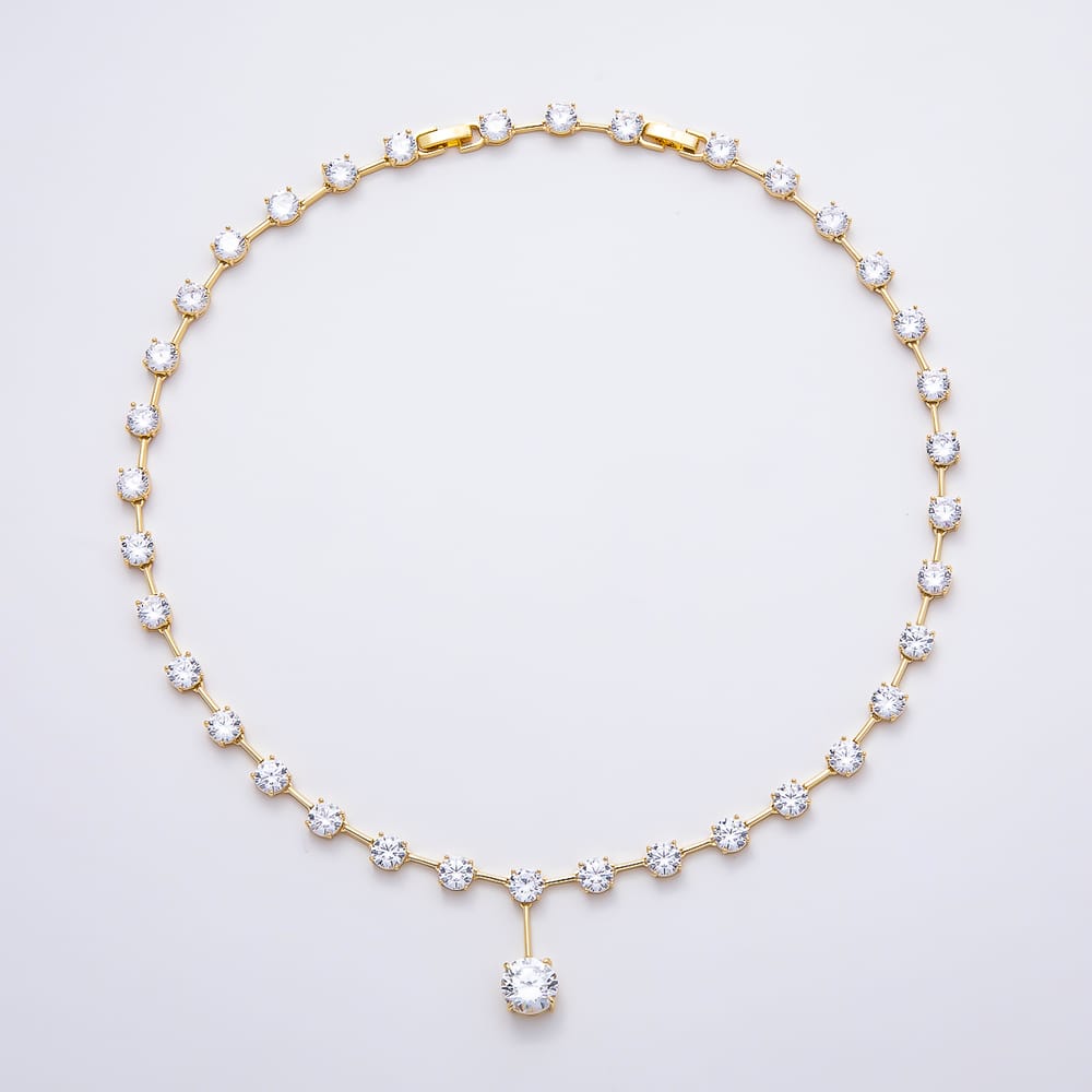 16K Gold Filled 6mm 5mm Clear CZ Round Drop Bar Gemstone Chain 16.5 Inch Adjustable Necklace | WA-01885