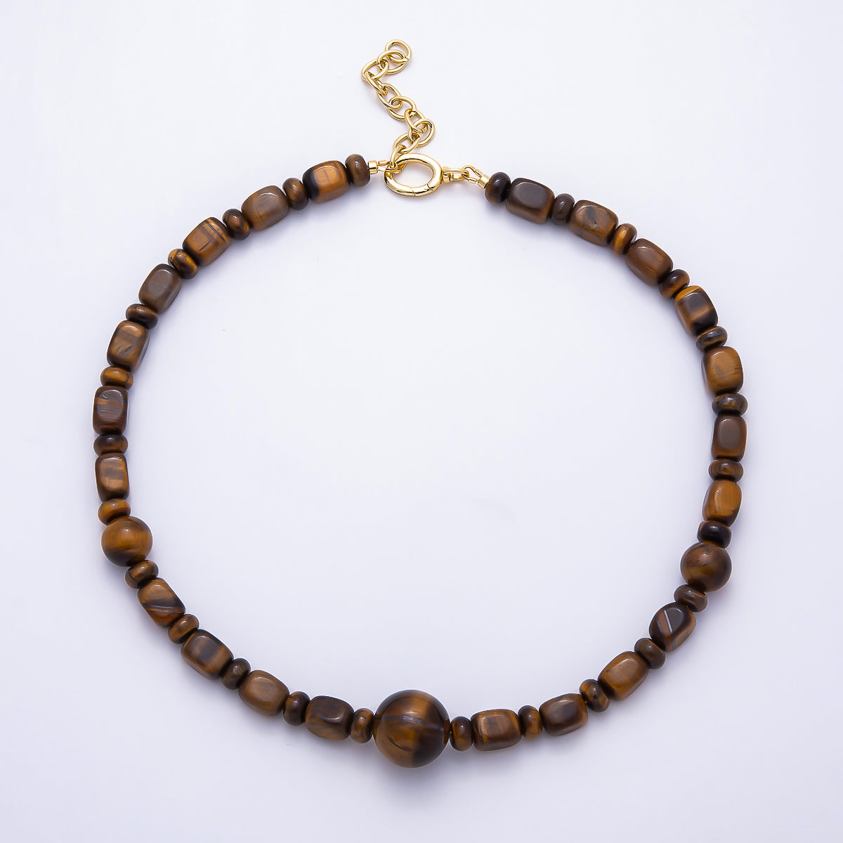 16K Gold Filled 12mm Tiger Eye Rondelle Rectangle Geometric Gemstone Chain 18 Inch Necklace | WA-02108