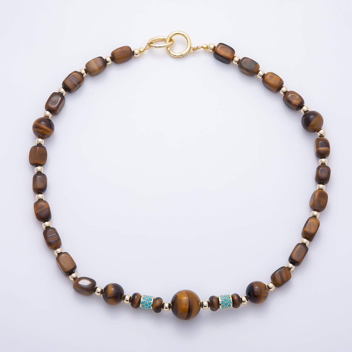 16K Gold Filled Turquoise Paved Tiger Eye Rectangle Bead Gemstone Chain 20 Inch Necklace w. Dual Push Gate | WA-02137