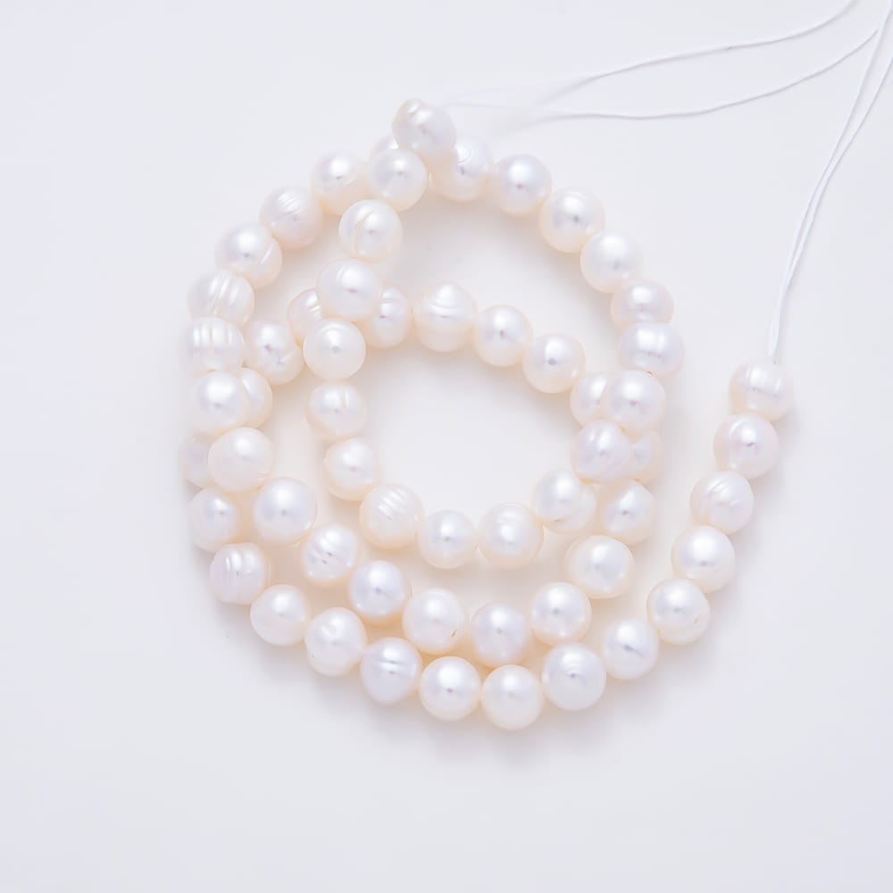 6mm White Freshwater Pearl Lined Ringed Round Button Natural Gemstone Bead 14 Inch Strand Finding | WA-02156