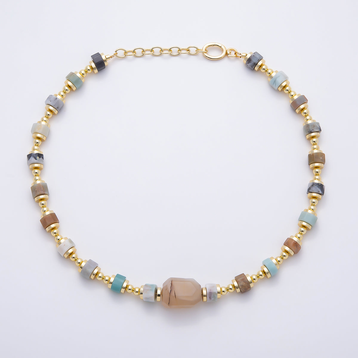 16K Gold Filled 5mm Amazonite Tube Bead Gemstone Chain 17.5 Inch w. Push Gate Extender | WA-00050