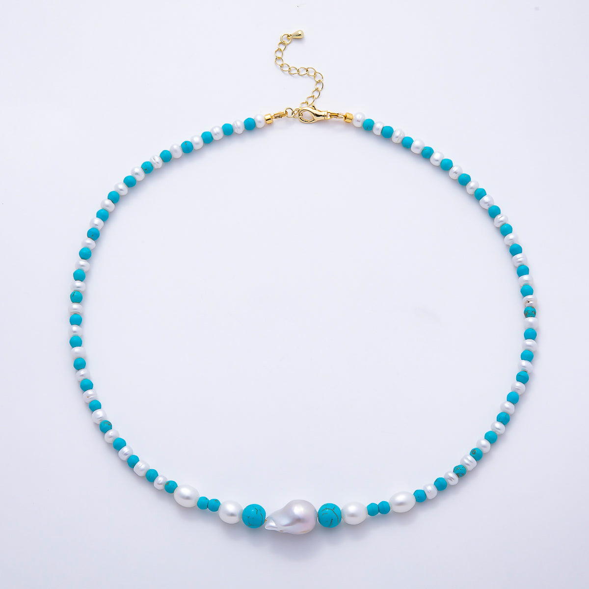16K Gold Filled 5mm Shell Pearl Turquoise Round Gradient Gemstone Chain 18 Inch Necklace | WA-01508