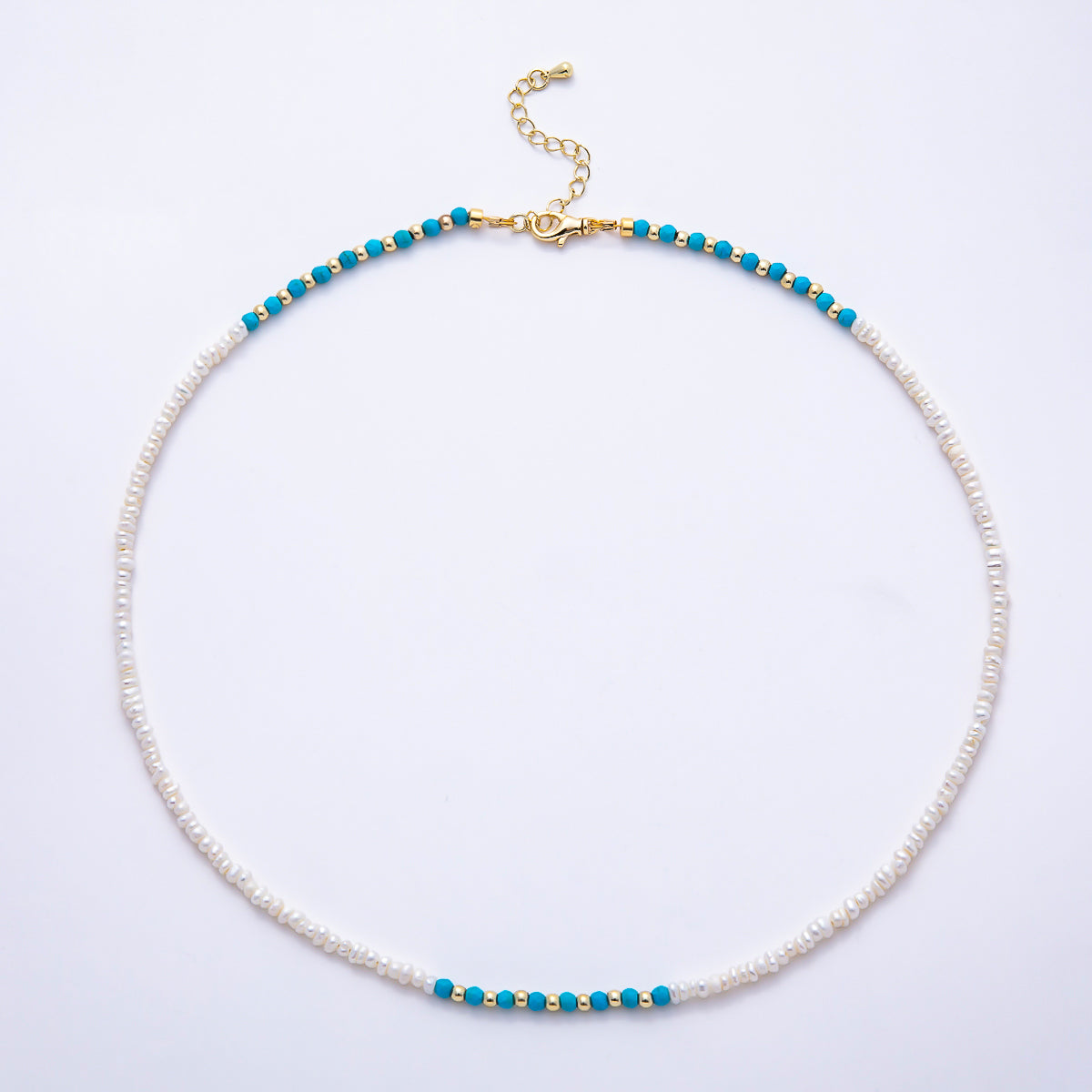 16K Gold Filled 3mm Blue Turquoise Round White Seed Freshwater Pearl 17.5 Inch Necklace | WA-01649
