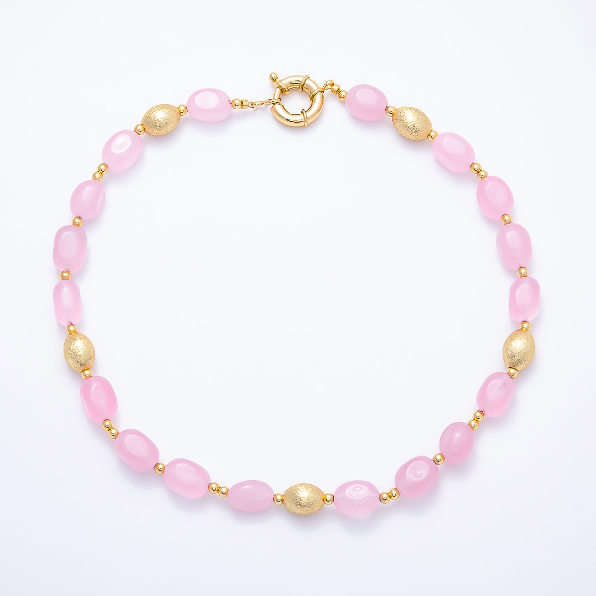 16K Gold Filled 10mm Pink Quartz Textured Bead Rectangle Gemstone Chain 19 Inch Necklace w. Sailor Clasps | WA-01958
