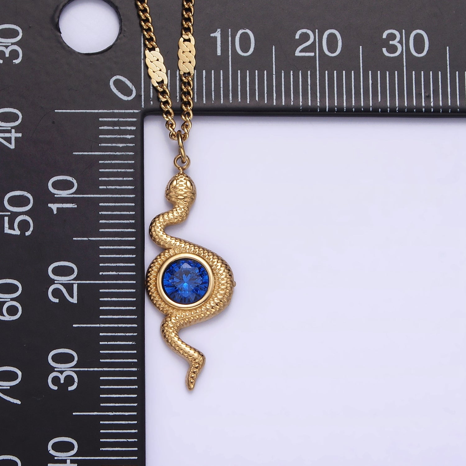 Stainless Steel Blue CZ Snake Charm Textured Curb Chain 17 Inch Necklace w. Extender | WA-02068