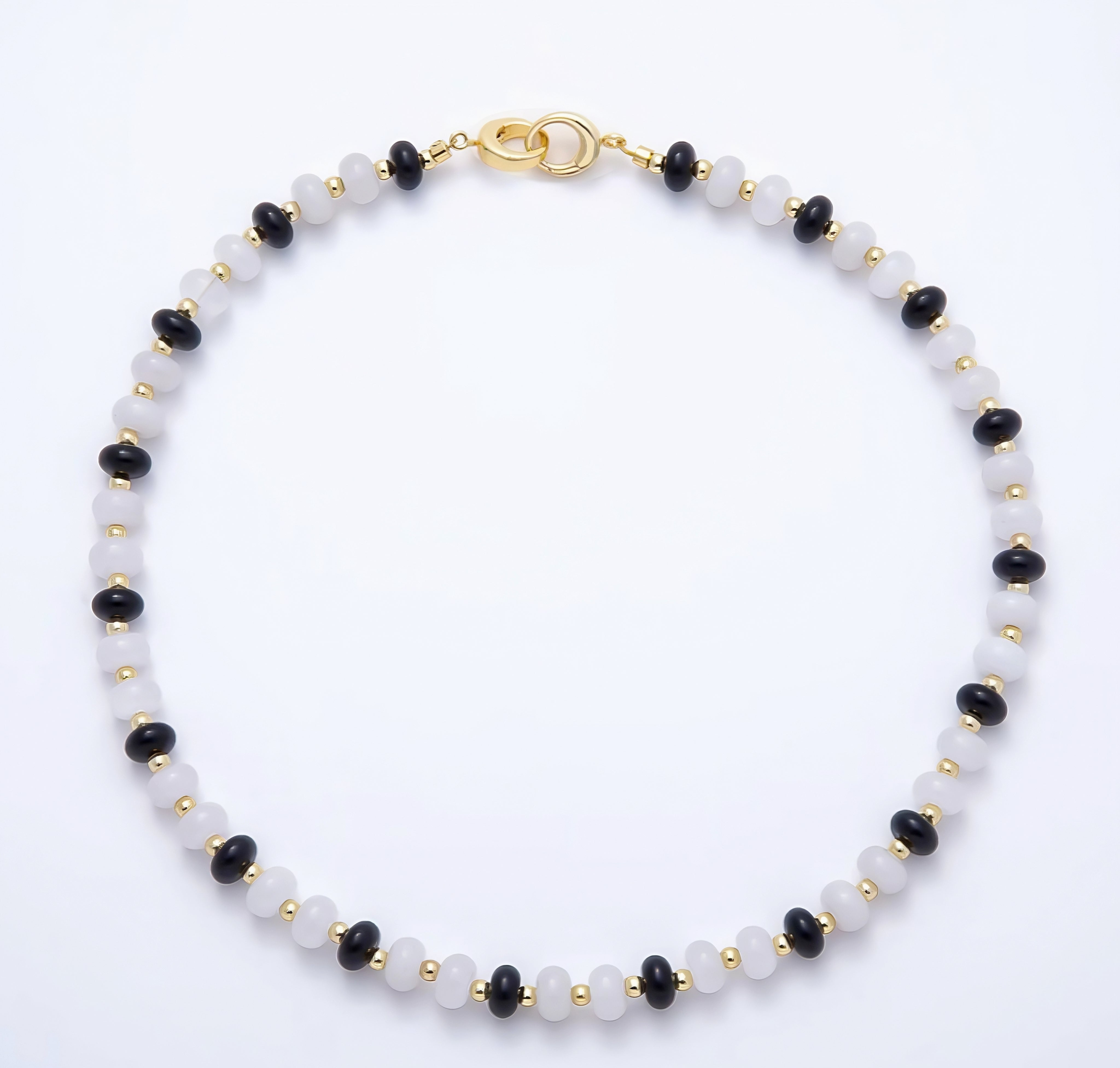 16K Gold Filled 3.3mm Black Onyx White Quartz Bead Rondelle Gemstone Chain 17 Inch Necklace w. Dual Push Gate | WA-02084