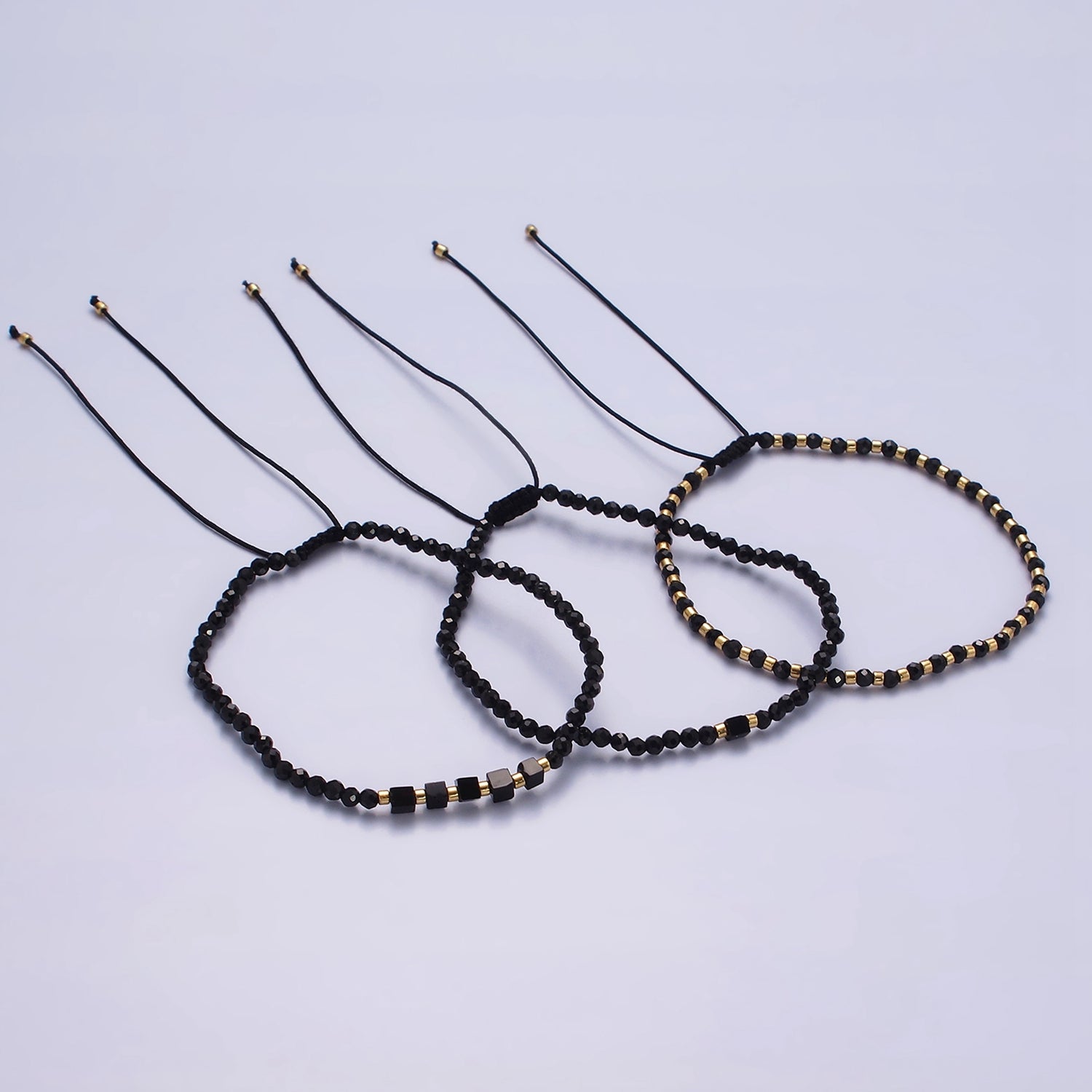 14K Gold Filled Black Onyx Multifaceted Rope Adjustable Friendship Bracelet | WA-02165 ~ WA-02167