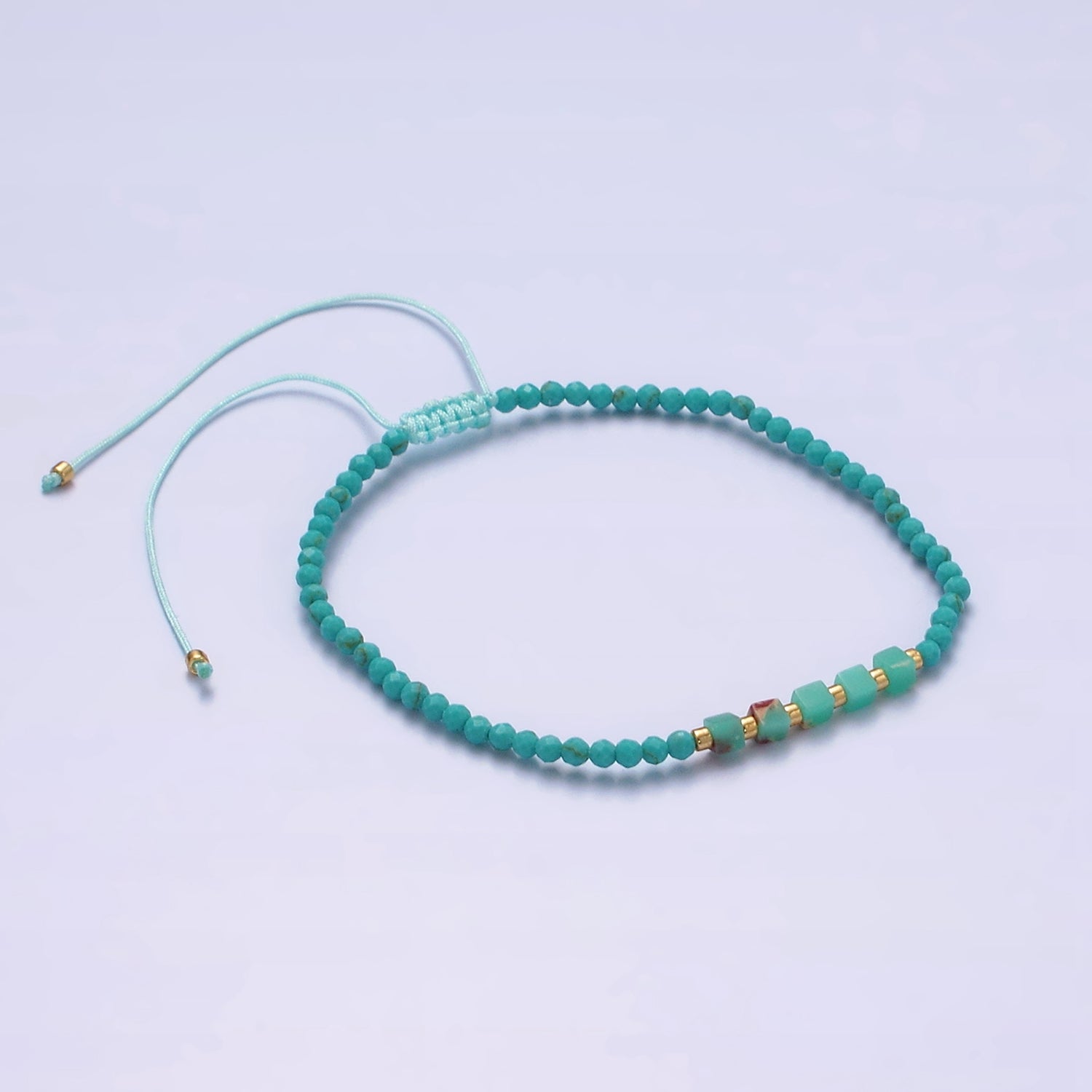 14K Gold Filled Blue Turquoise Multifaceted Rope Adjustable Friendship Bracelet | WA-02171 ~ WA-02219