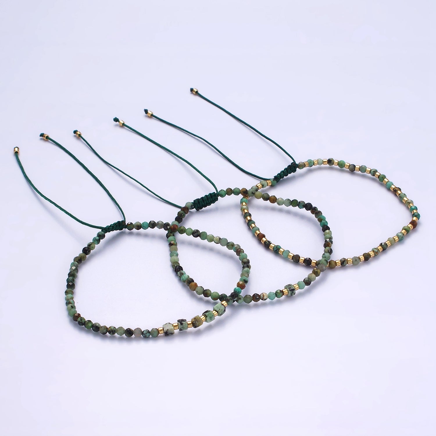 14K Gold Filled Green Moss Agate Multifaceted Rope Adjustable Friendship Bracelet | WA-02174 ~ WA-02176