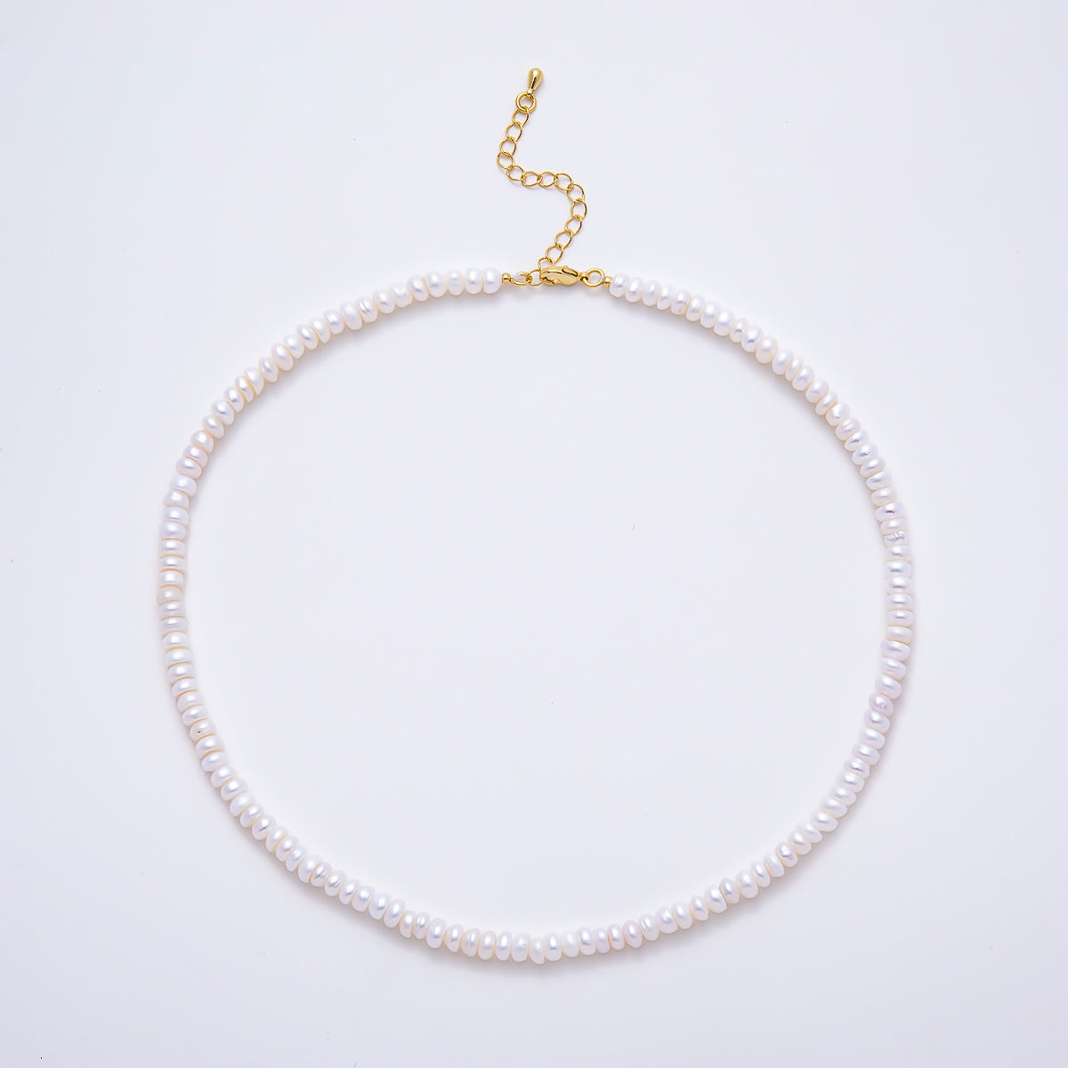 18K Gold Filled 5mm White Freshwater Pearl Rondelle Gemstone Chain 15 Inch Choker Necklace | WA-02321