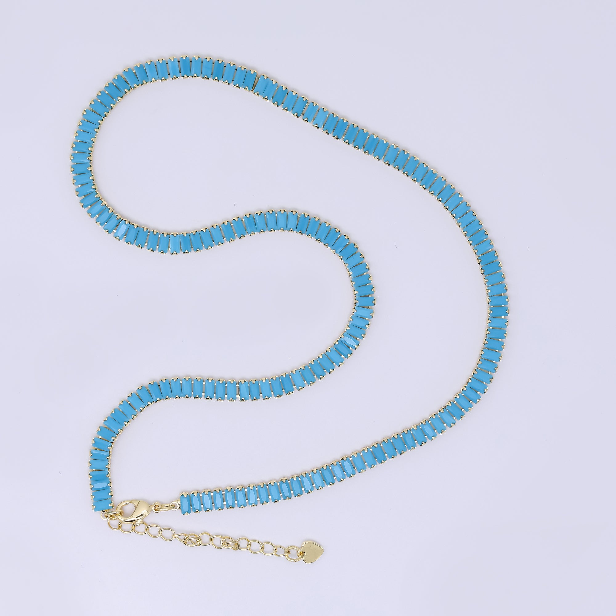 24K Gold Filled 5mm Blue Turquoise Baguette 16 Inch Tennis Chain Necklace | WA-2323