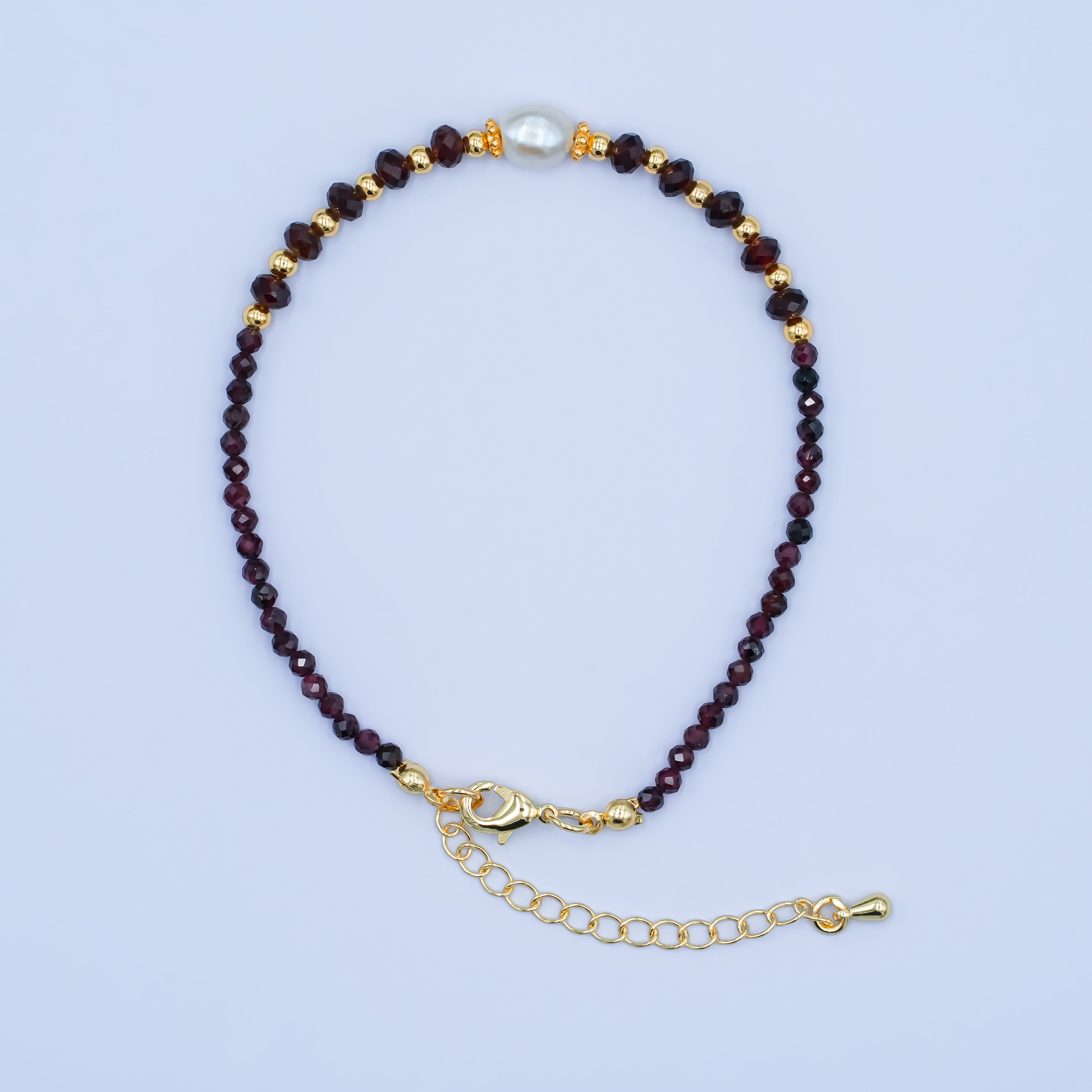 24K Gold Filled Shell Pearl Dark Red Multifaceted Gemstone 7.5 Inch Bracelet | WA-2892